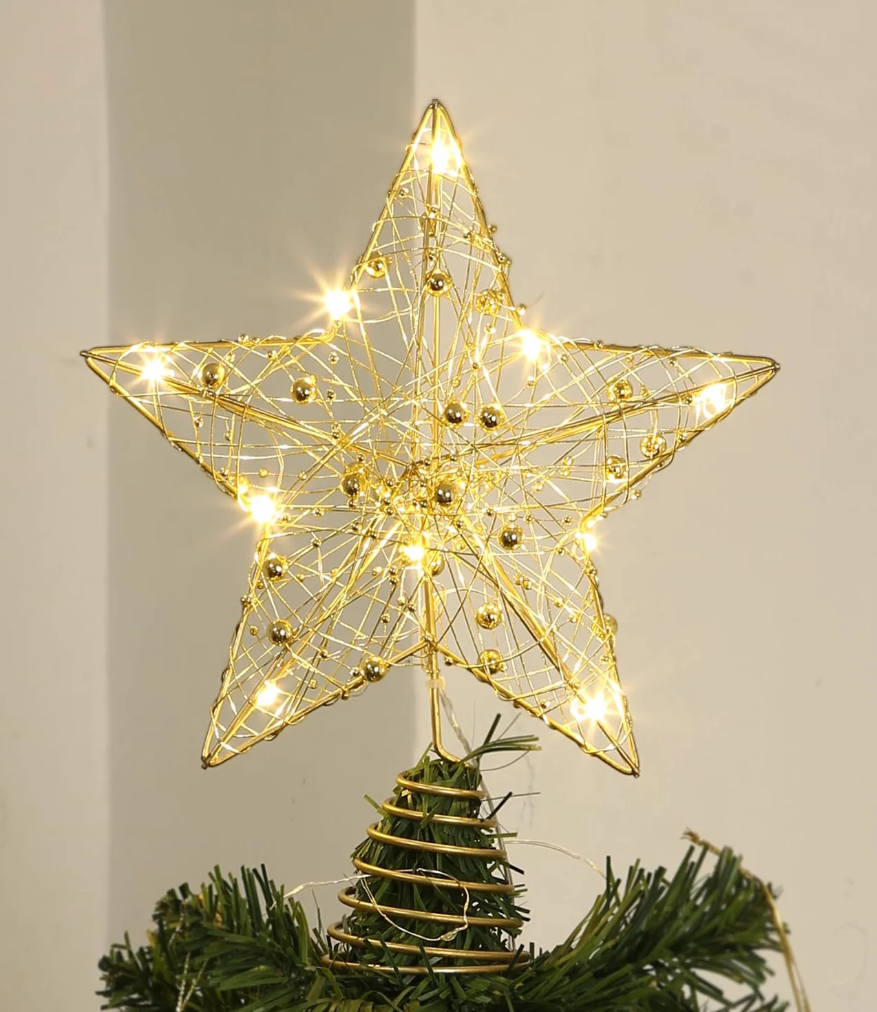Estrella LED de Cinco Puntas para Árbol de Navidad - Decoración Topper de Metal Oro 25cm