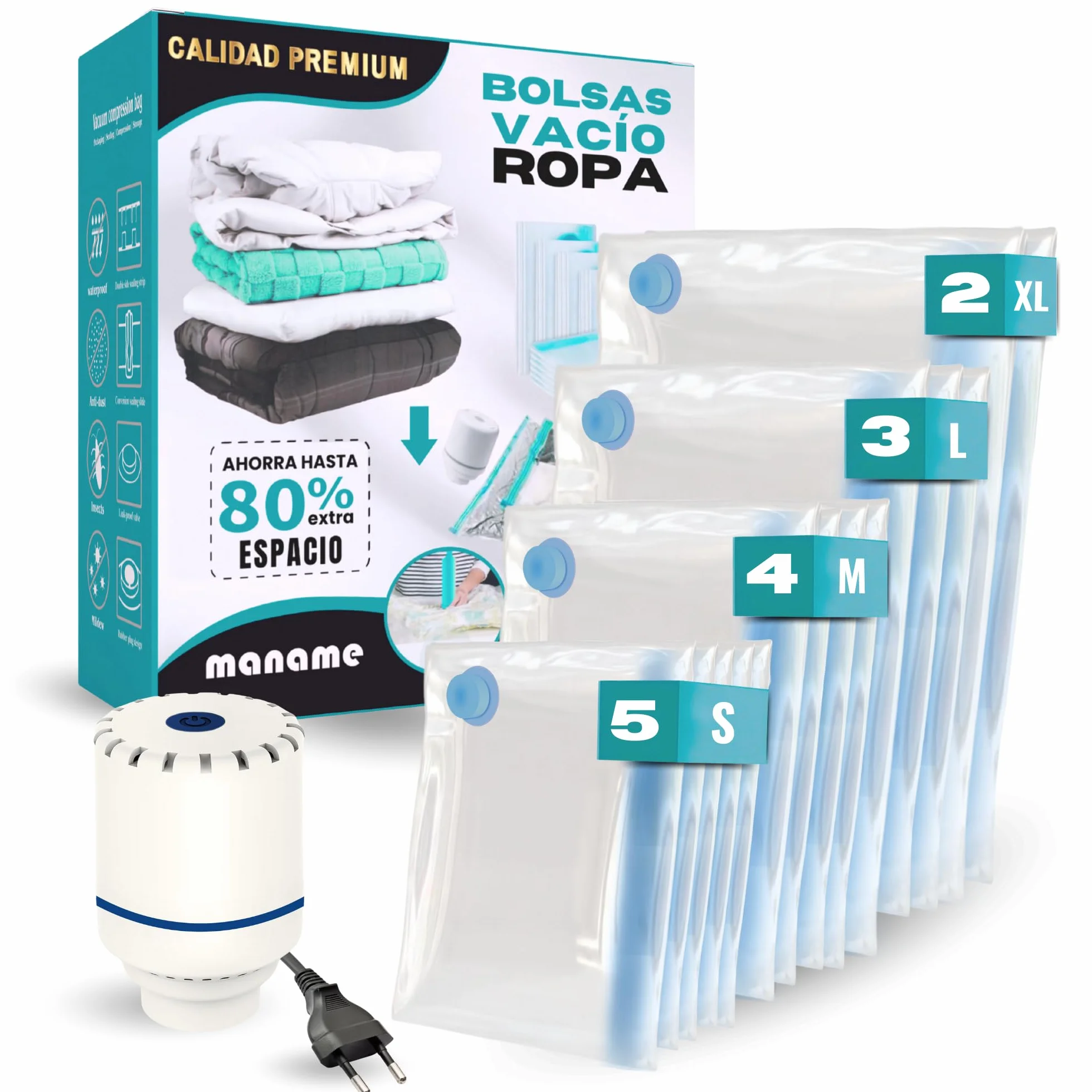 Maname Bolsas Vacío Ropa Pack 14 Bolsas al Vacío con Bomba Eléctrica