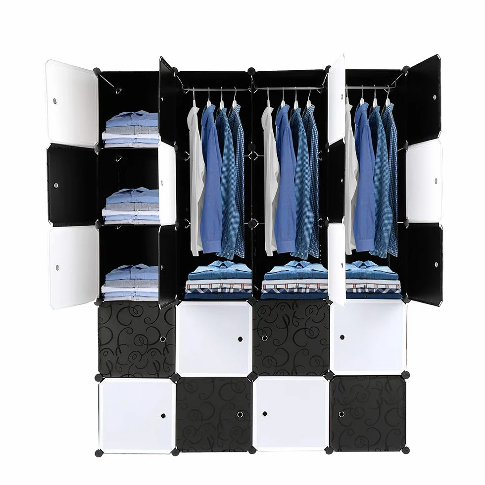 Bonnlo Armario Modular Cubos Estantería 20 Cubos Plástico DIY Barra Colgar 142x47x178 cm Negro Blanco