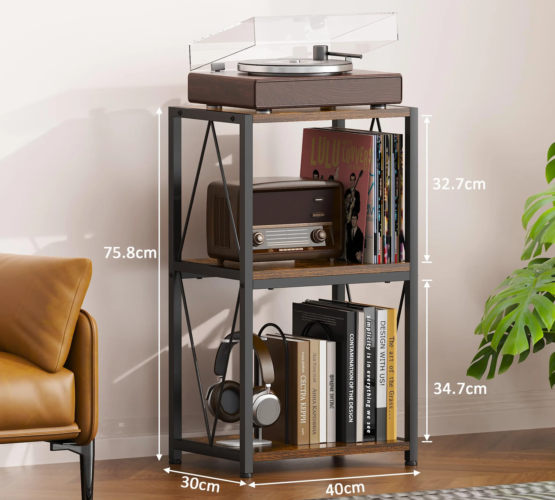 HFHOME Mesa auxiliar de almacenamiento de discos de vinilo de 3 niveles, gabinete para tocadiscos y soporte giratorio