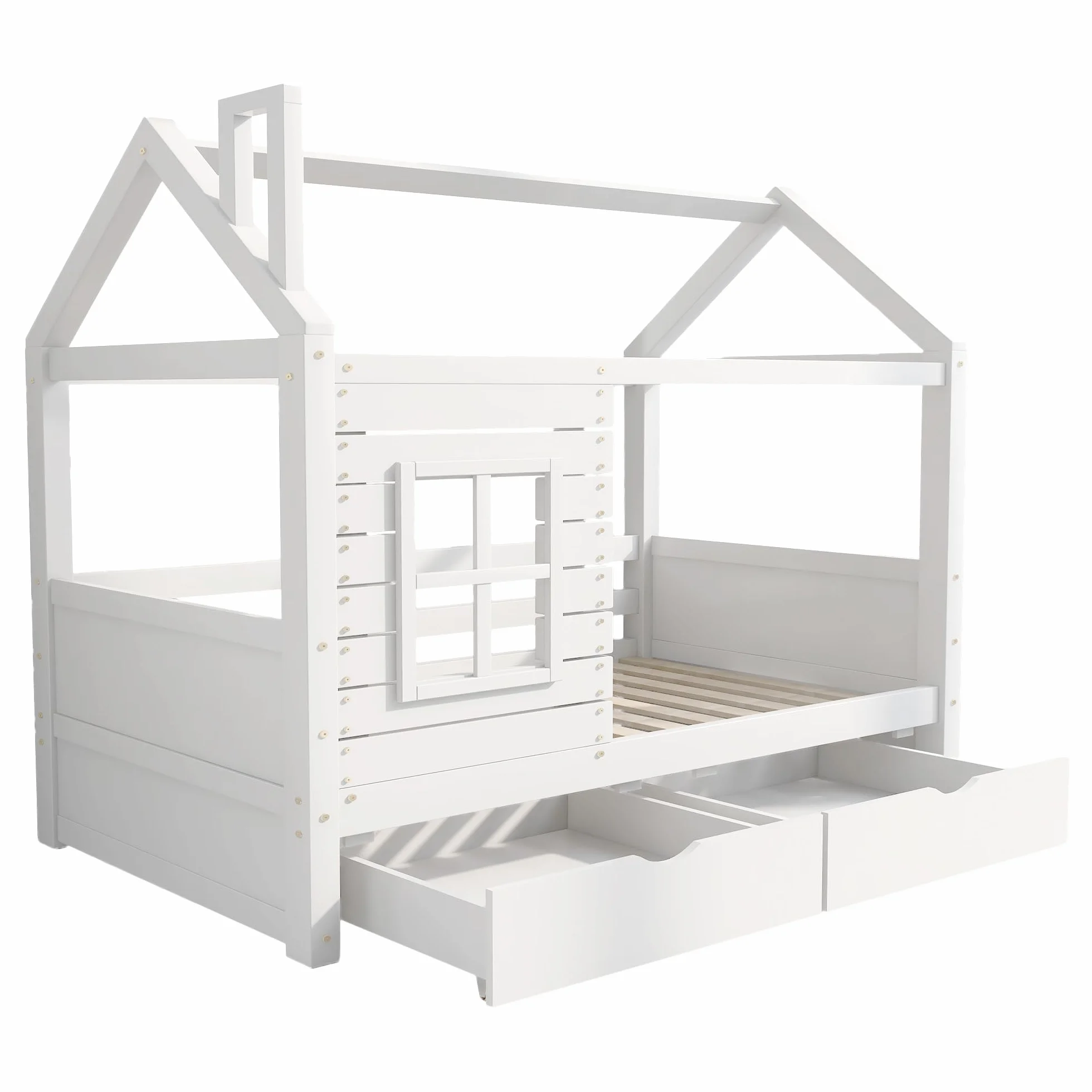 Cama infantil de 90 x 200 cm, con protección anticaídas, versátil, madera maciza, cama con ventana y somier, color blanco