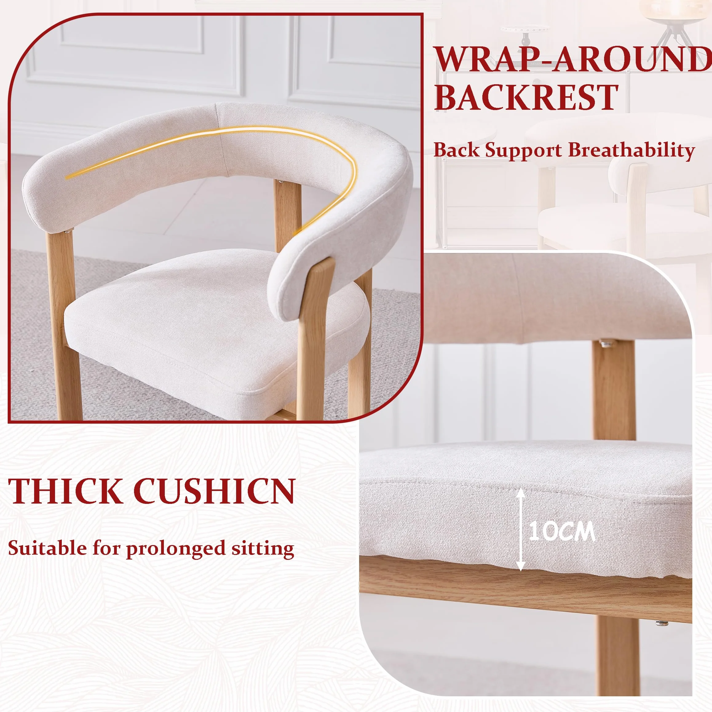 Juego de 4 sillas, sillón reclinable con Cojines de Tela,sillón de Estilo Medieval,Silla de Cocina,Patas de Metal,Apto para Dormitorio,Sala de Estar,Comedor - Beige