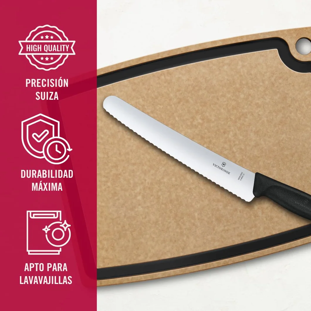 Victorinox Swiss Classic Cuchillo para pan con filo dentado, redondo, fabricado en acero inoxidable, apto para el lavavajillas y de color negro