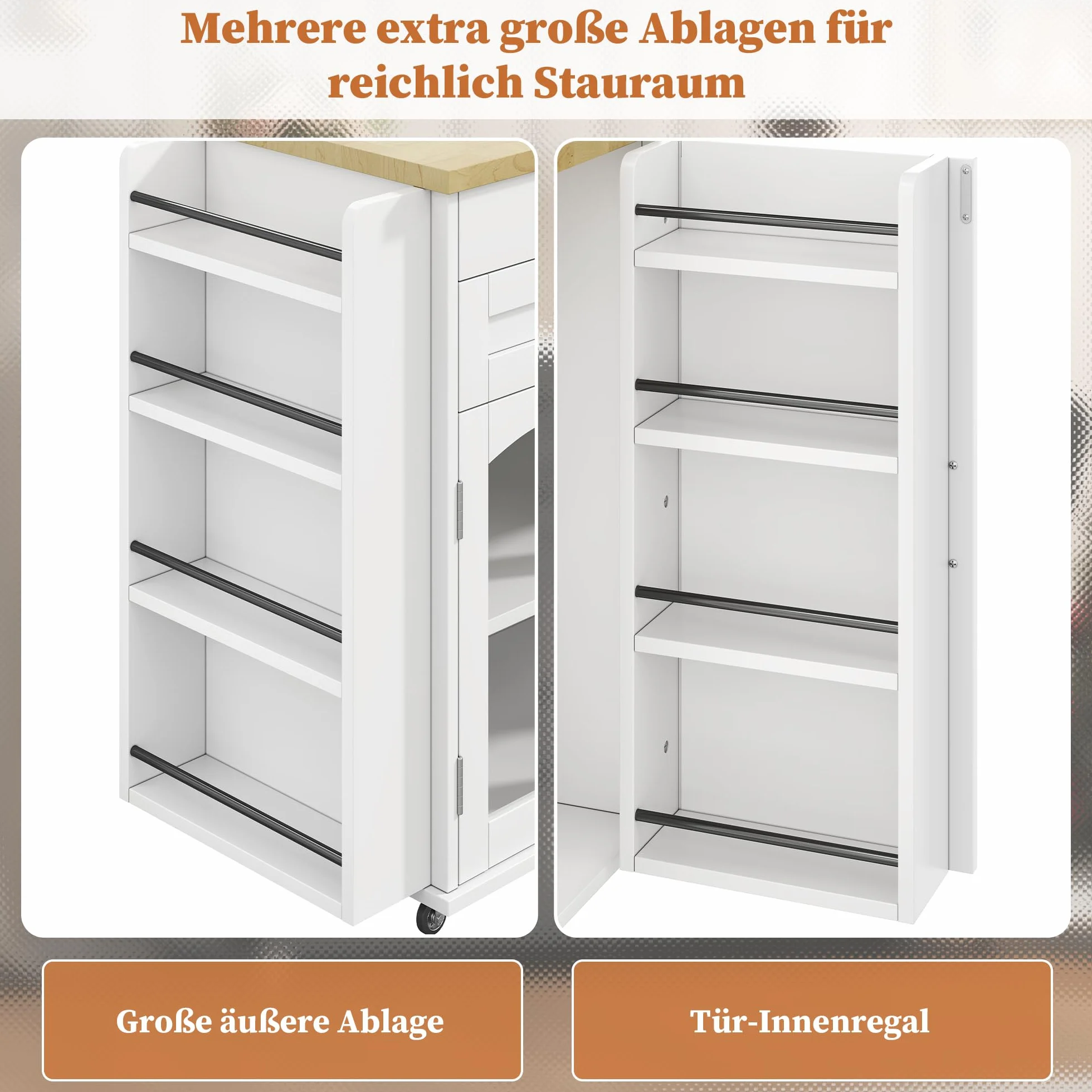 Isla de cocina con encimera, carrito de cocina independiente con 5 ruedas, armario de cocina con estante para especias y cajón, para cocina y comedor 120 x 45 x 90 cm (blanco)
