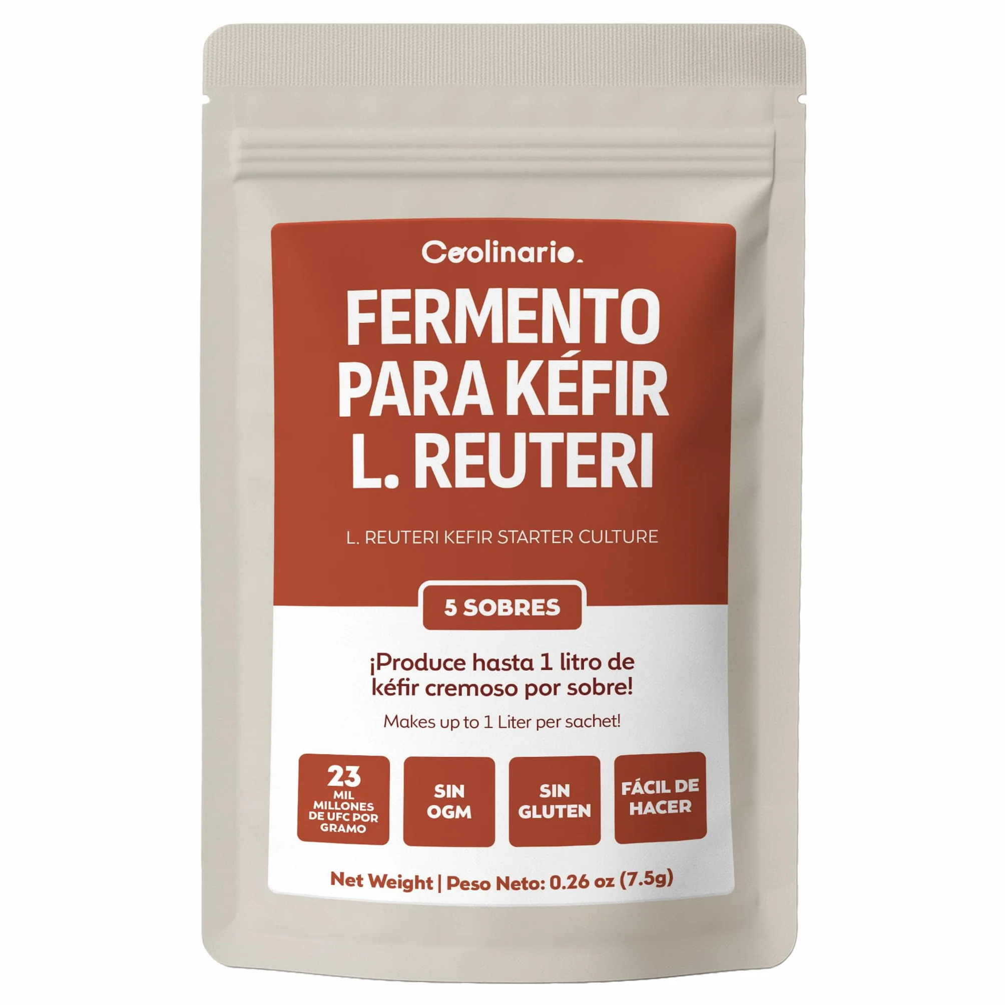 Coolinario Cultivo Iniciador de Kefir con L Reuteri 5 Sobres 1.5g Fermentos Probióticos Lactobacillus Reuteri Cremoso Ácido Sin OGM