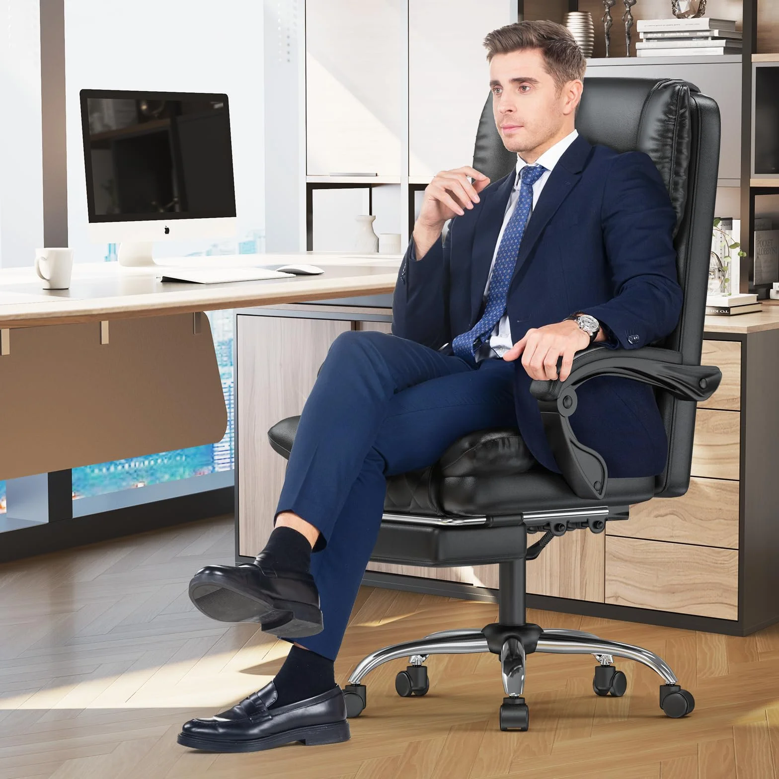 Silla de Oficina Ergonómica de Cuero PU con Reposapiés, Giratoria con Inclinación, Negro