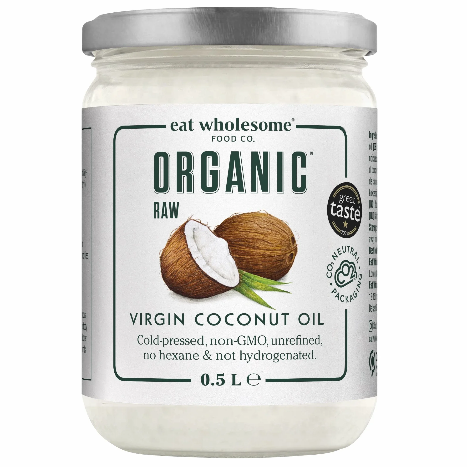 Eat Wholesome Aceite De Coco Virgen Orgánico 500ml Crudo Prensado En Frío Tarro De Cristal Vegano