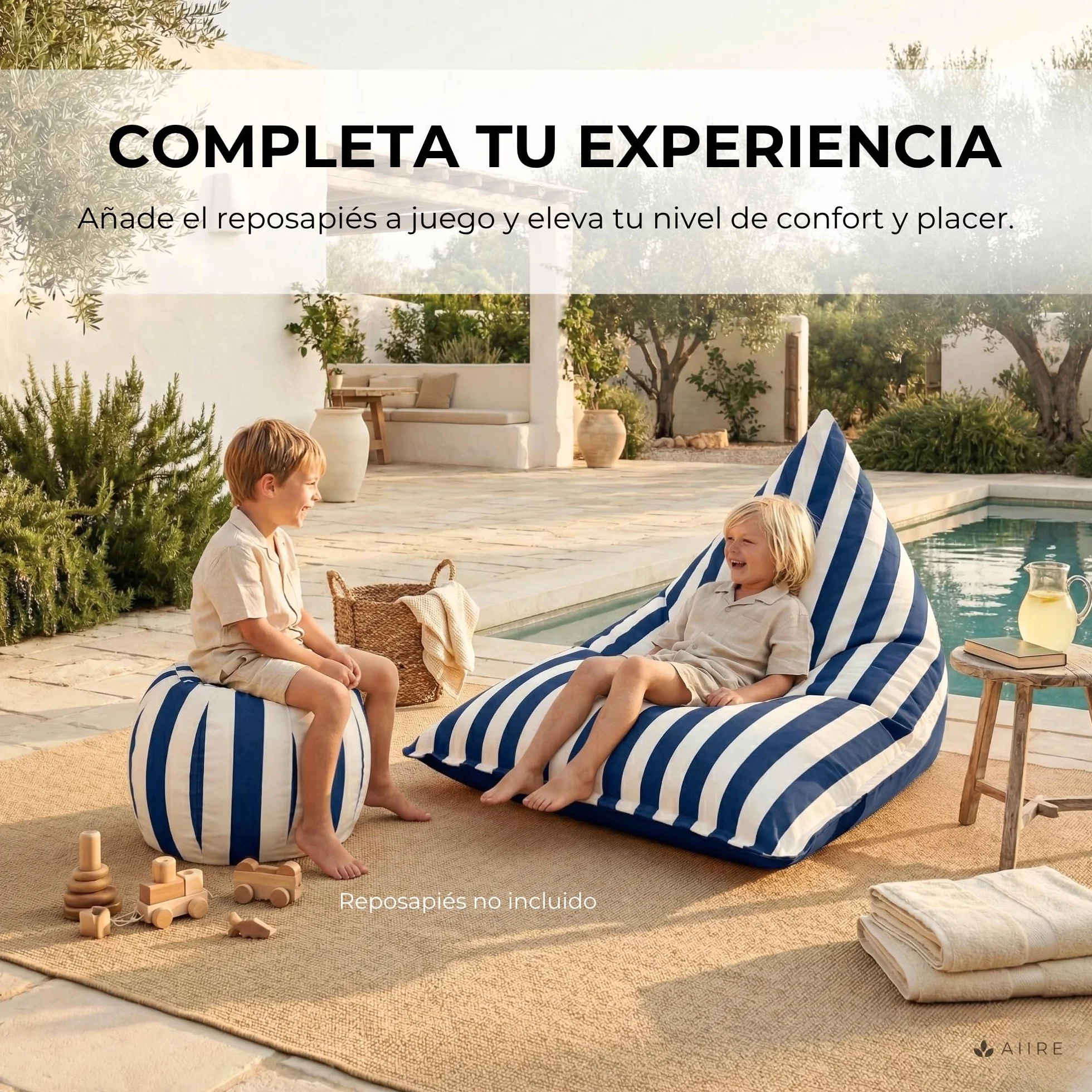 Aiire Puff Exterior Jardín con Relleno Incluido - Tejido Olefina Premium, Desenfundable y Lavable - Sofá Exterior para Playa, Terraza o Piscina - Puff Gigante XXL Azul