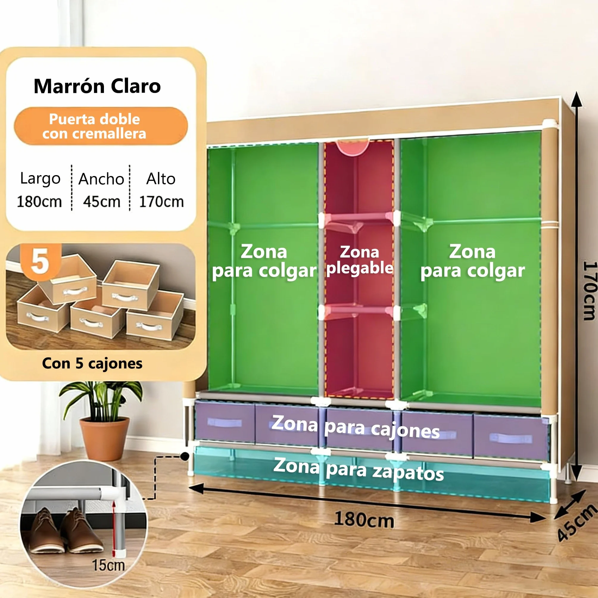 Armario de Tela Portátil, Organizador de Ropa con Barra para Colgar, 5 Cajones de Tela, Compartimentos para Zapatos, Plegable, 185x45x170CM, Marrón Claro