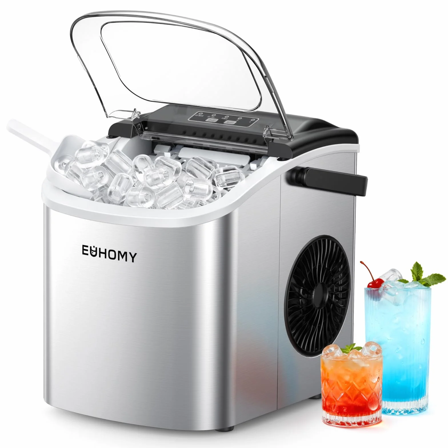 EUHOMY Máquina de Hielo 12Kg/24H, 9 Cubos en 6 Minutos, Maquina de Hacer Hielo Autolimpiable, 2 Tamaños de Hielo, con aAsa, Pala para Hielo y Cesta, Sirva Para Casa/Cocina/Oficina/Bar Plateada