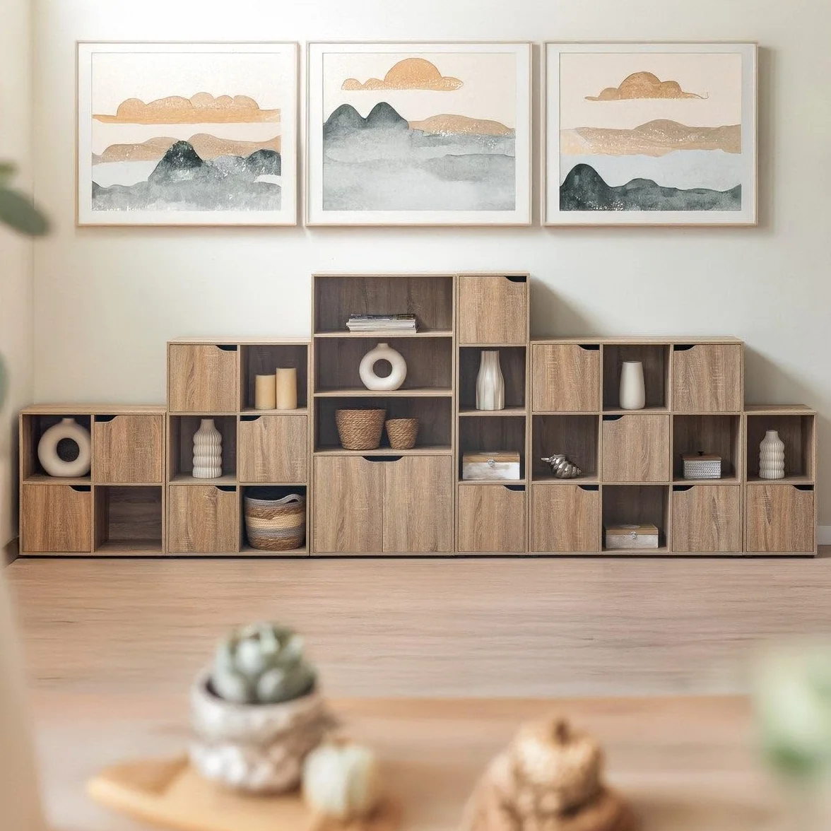 Estantería Cubo Madera Marrón 90x90x29 cm 5 Puertas 4 Huecos Abiertos Almacenaje Compacto
