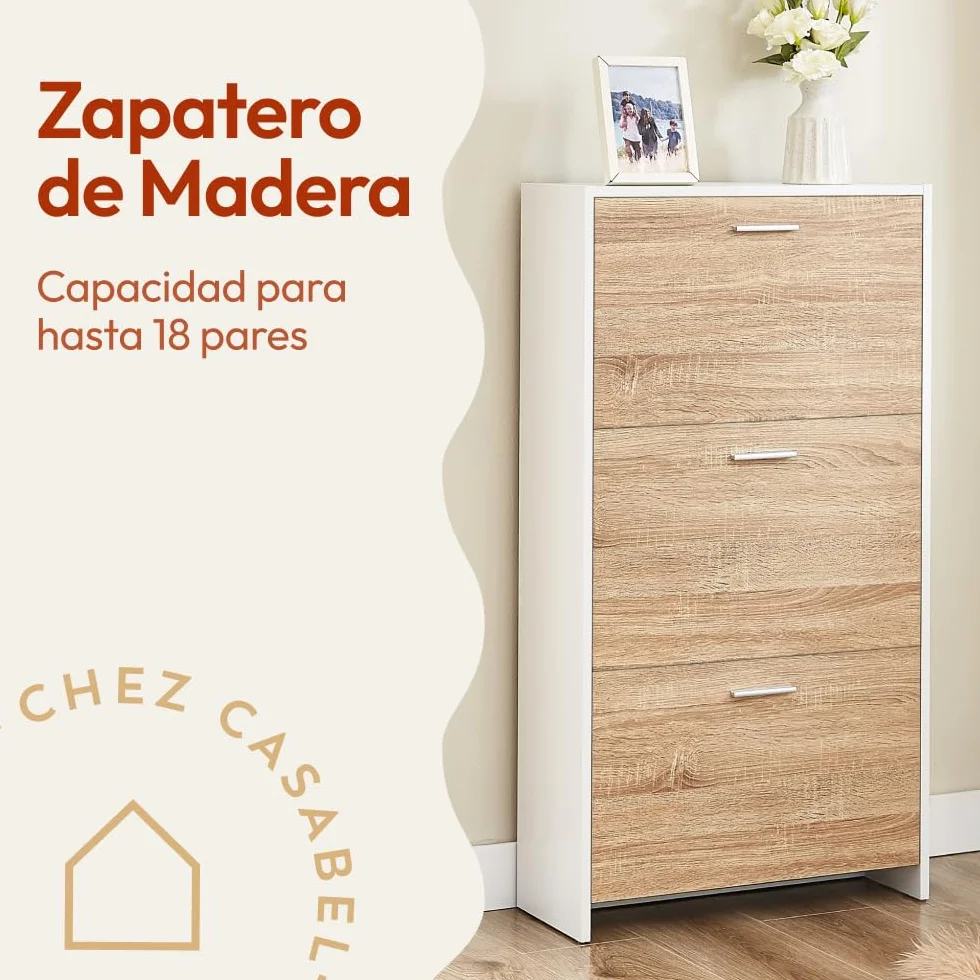 CASABEL Mueble Zapatero Moderno 3 abatibles, Almacenamiento para Zapatos 18 Pares, Madera Clara y Blanco, Mueble de Madera, Dimensiones L60xP24xH113 cm, Gran Capacidad, fácil de Instalar