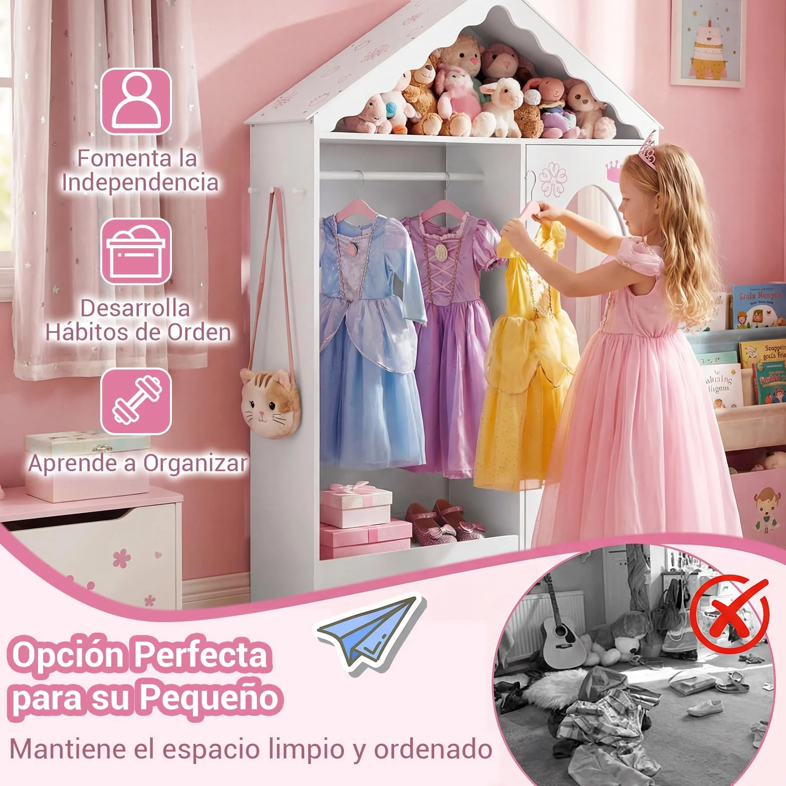 COSTWAY Armario Infantil con Espejo, Tejado y Barra Colgante Organizador Dormitorio (Blanco)