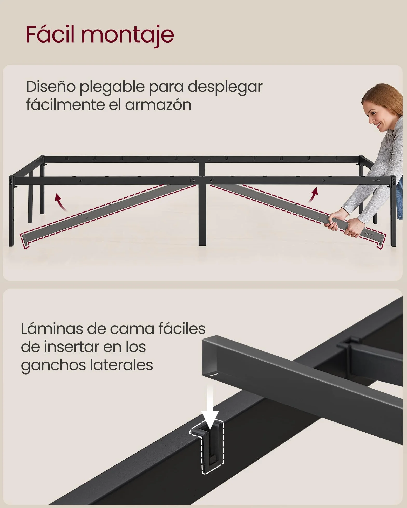 VASAGLE Marco de Cama Doble, para Colchón de 135 x 190 cm, de Metal, Organización del Espacio, Moderno, para Invitados, Fácil Montaje, Negro Tinta RMB136B01