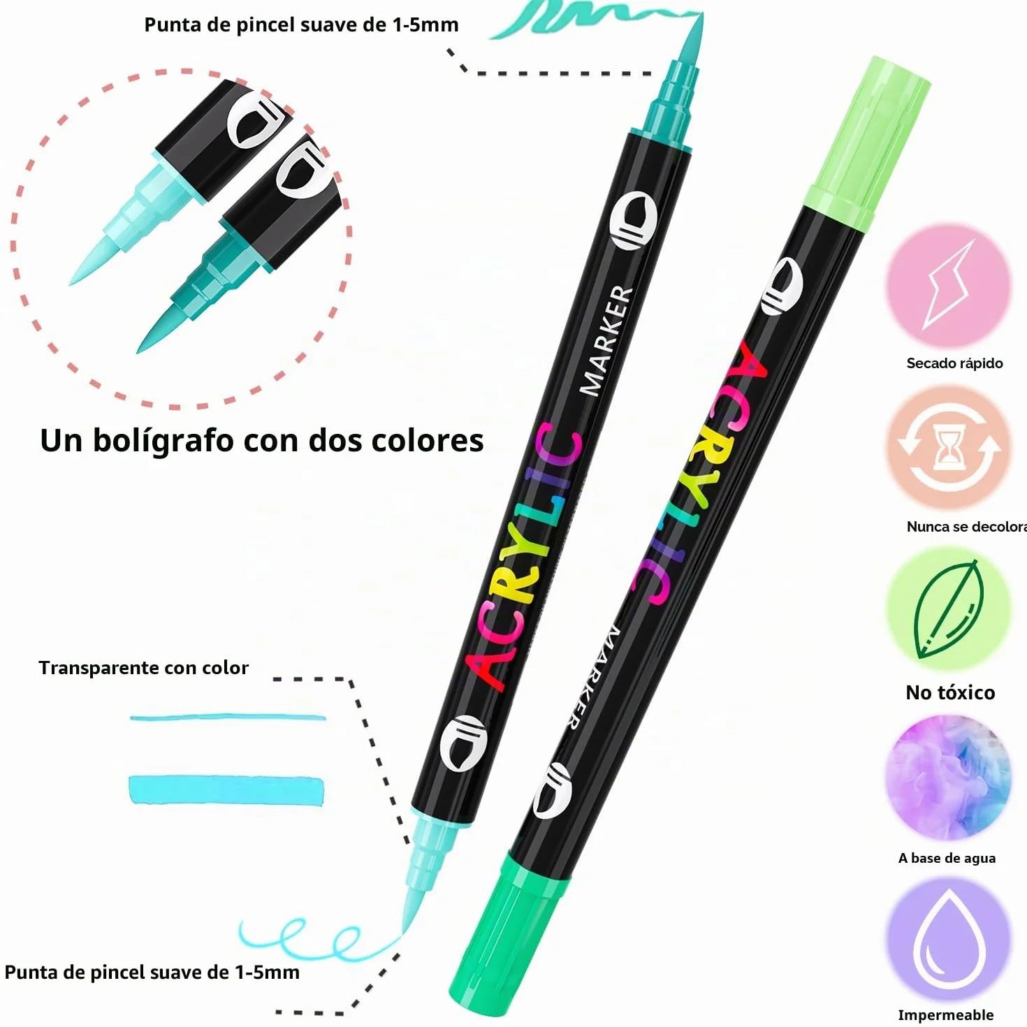Rotuladores Acrílicos 72 Colores, Doble Punta con Fina y Pincel para Roca, Cristal, Cerámica, Plástico