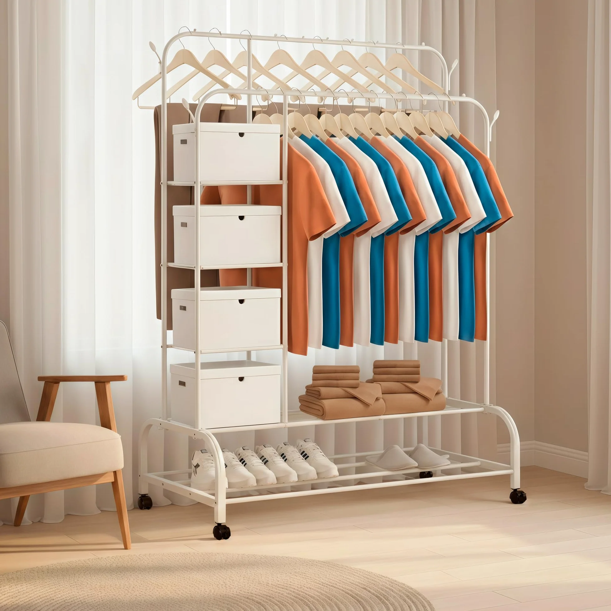 JUPPLIES Burro Ropa Resistente Perchero Doble con Soporte Ruedas Estantes Blanco