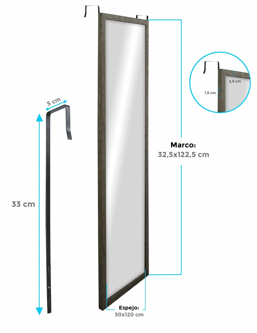 CHELY INTERMARKET MOD19004 Espejo De Puerta Cuerpo Entero Marrón Estilo Decorativo Vertical 30x120 cm para Dormitorio Entrada Montaje Fácil Incluye Kit De Ganchos Soporte PVC Ligero