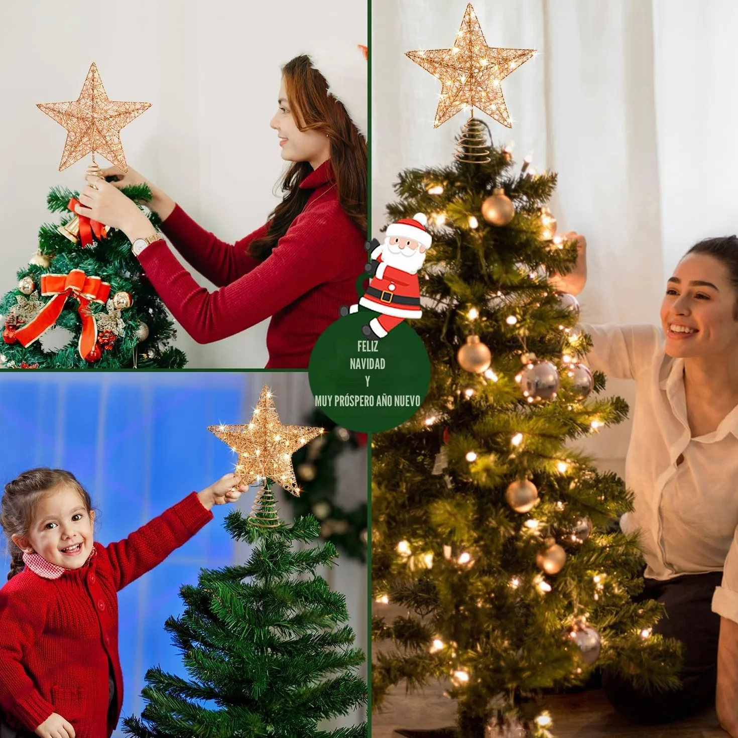 Estrella de Árbol de Navidad Oro Rosa 25CM 20 Luces LED Decorativa Luminosa
