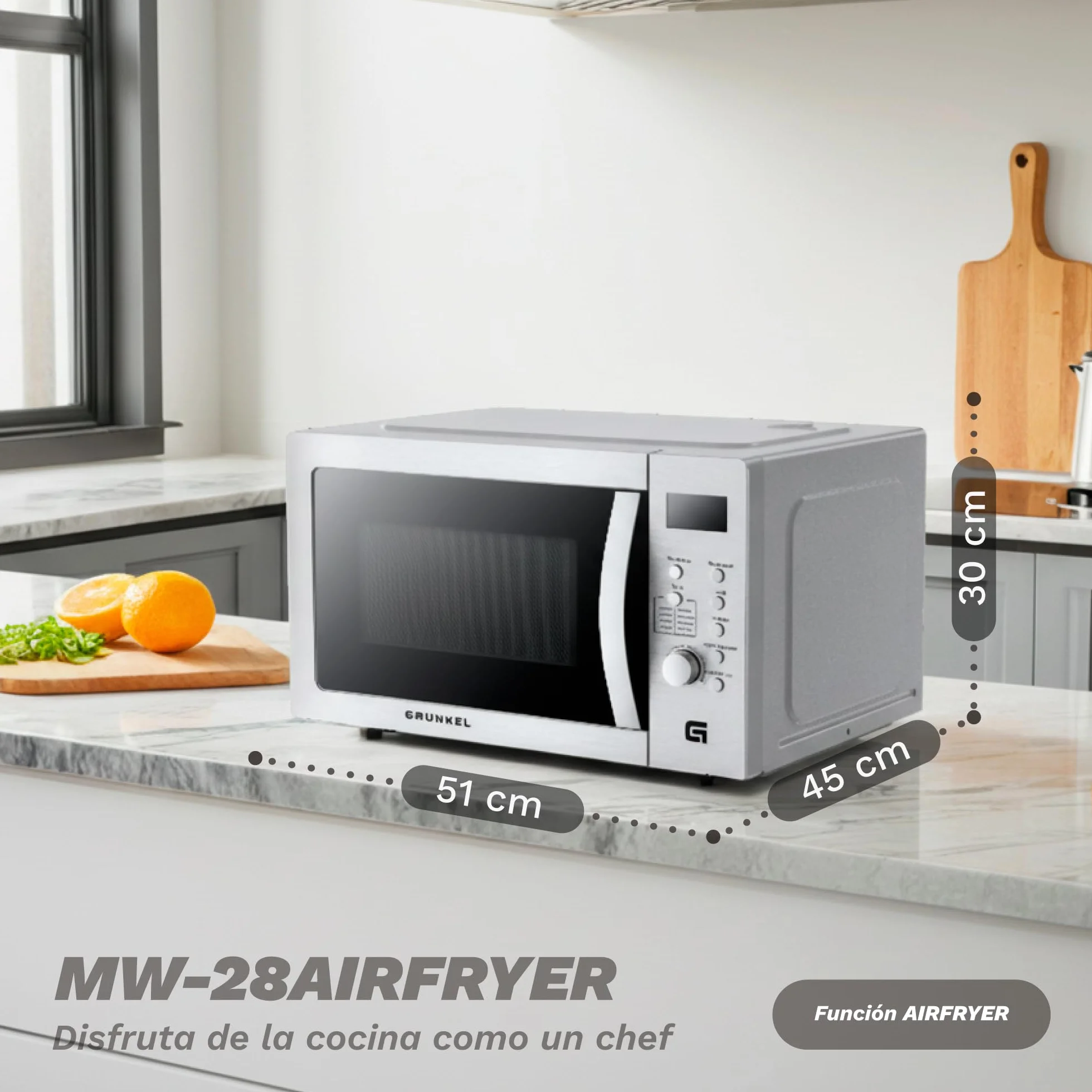Microondas con grill y airfryer Grunkel MW-28AIRFRYER de 28 litros y 3 funciones, microondas 900W, grill 1200W, airfryer y horno 2200W con 5 niveles de potencia 8 programas y descongelado.