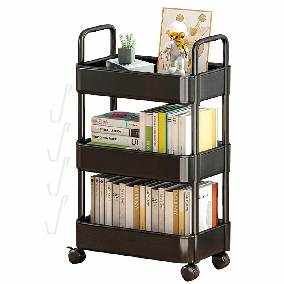 Estantería de pie para revistas, carrito de libros con ruedas, carrito de archivos rodante, carrito rodante multiusos, carrito móvil, carrito de utilidad, ruedas de ahorro para oficina (negro, 3