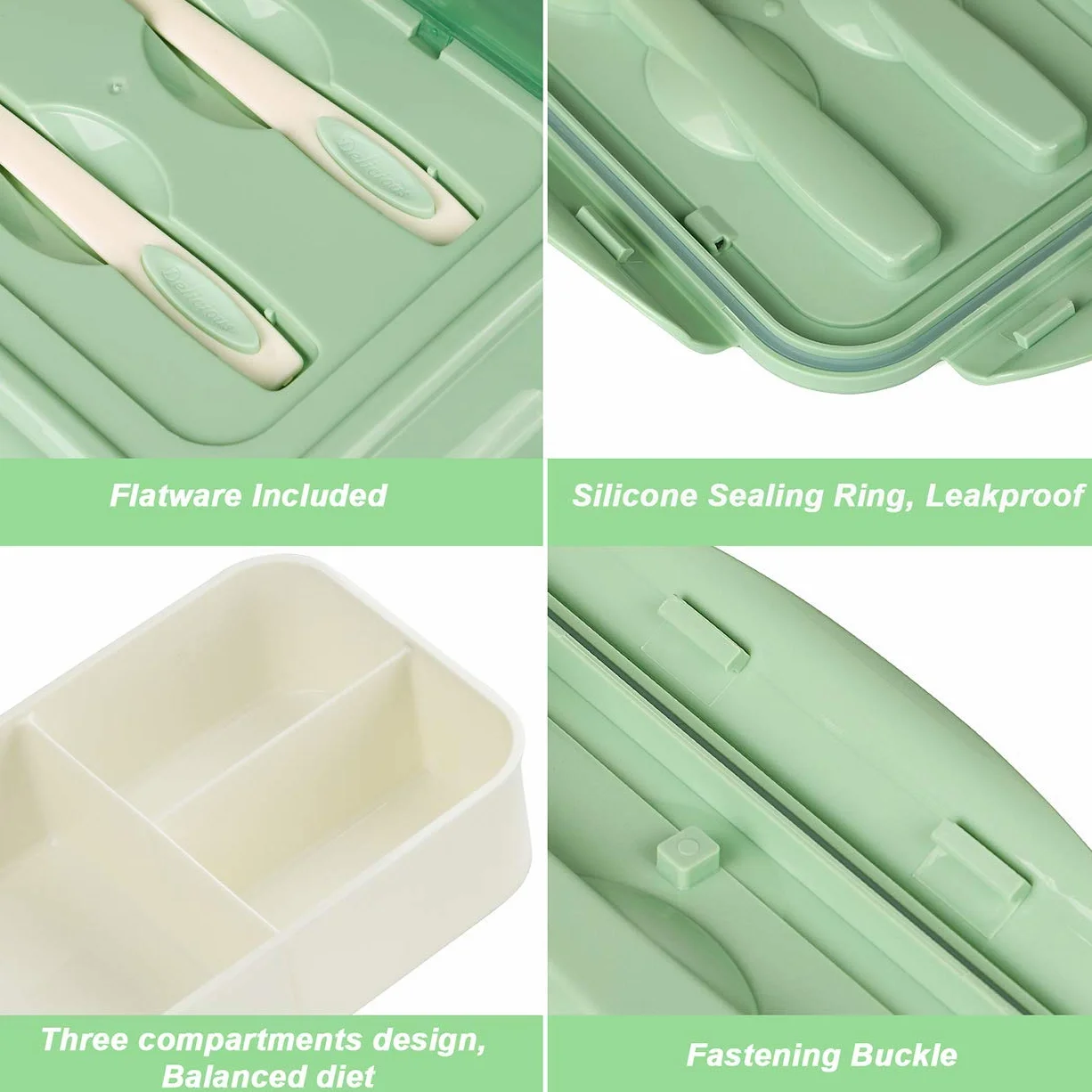 BIBURY Fiambrera Bento Box para adultos y niños, a prueba de fugas, 1400 ml, fiambrera con 3 compartimentos y cubiertos, apta para microondas, para escuela, trabajo, pícnic, viajes (verde)