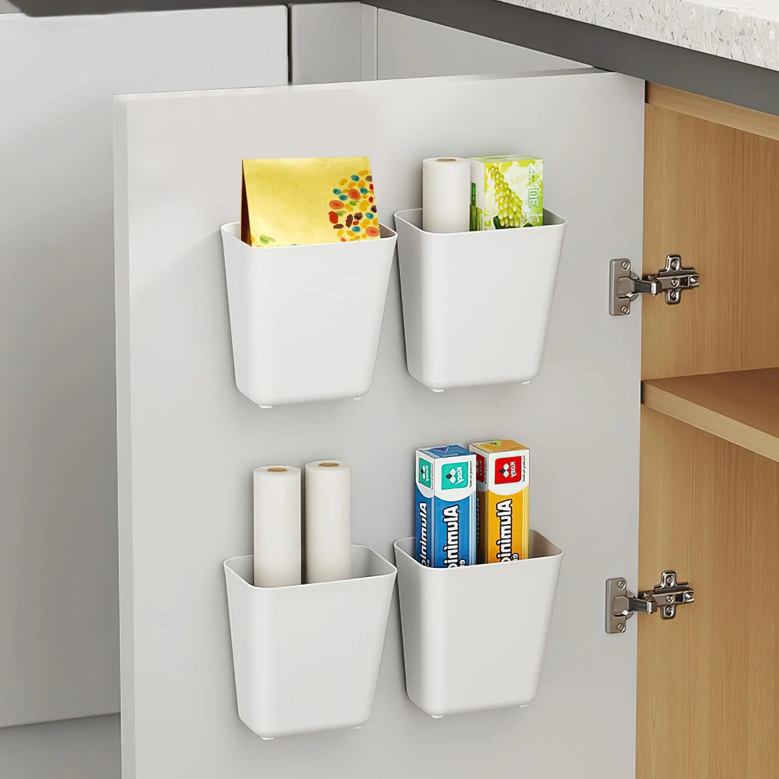 Collazoey 4 Piezas Cajas de Almacenamiento Autoadhesivas para Montar en la Pared,Caja De Almacenamiento De Puerta De Cocina,para gabinete,baño, refrigerador, Organizador de artículos pequeños