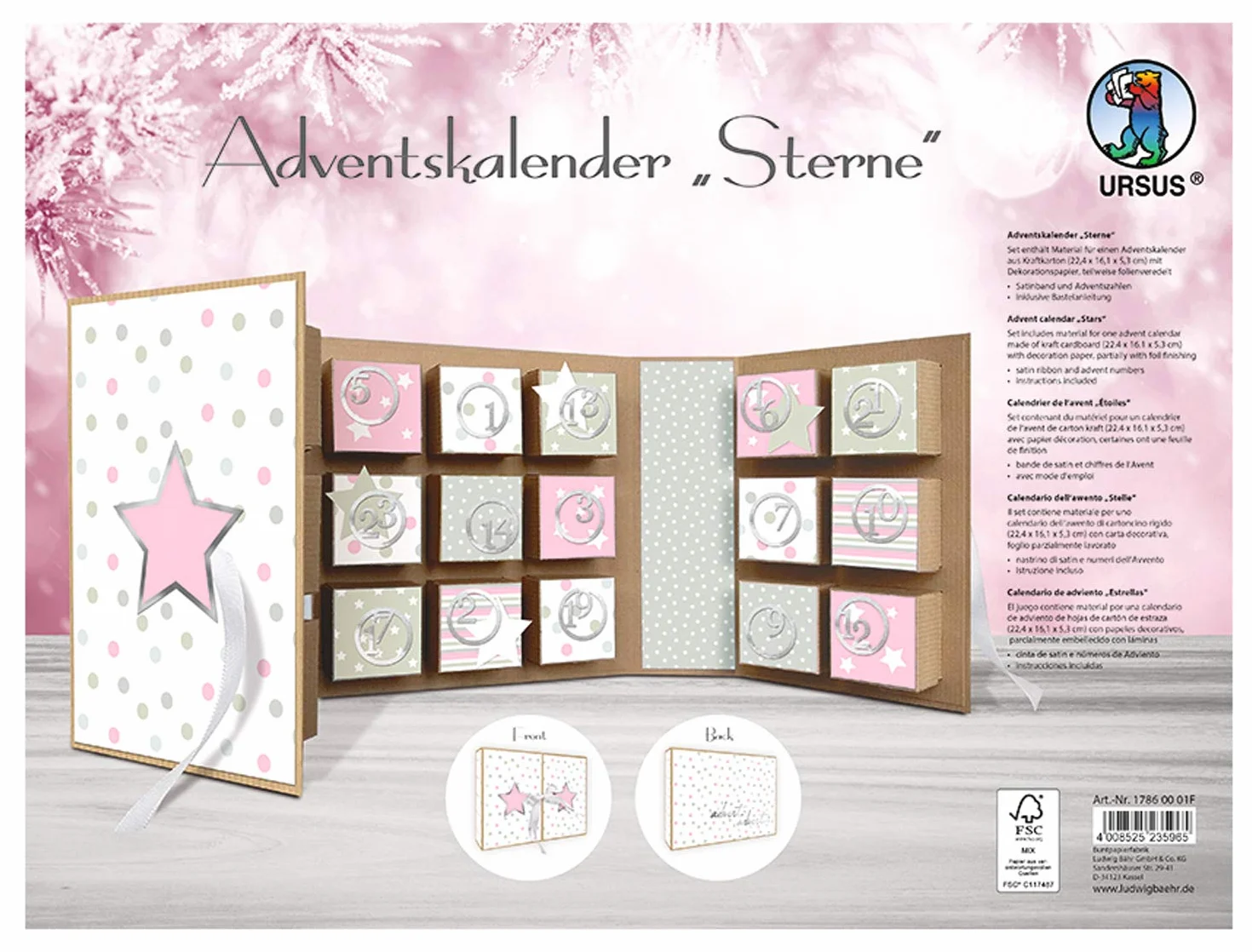 Ursus Calendario de Adviento libro estrellas 22,4 x 16,1 x 5,3 cm cartón kraft cinta satén