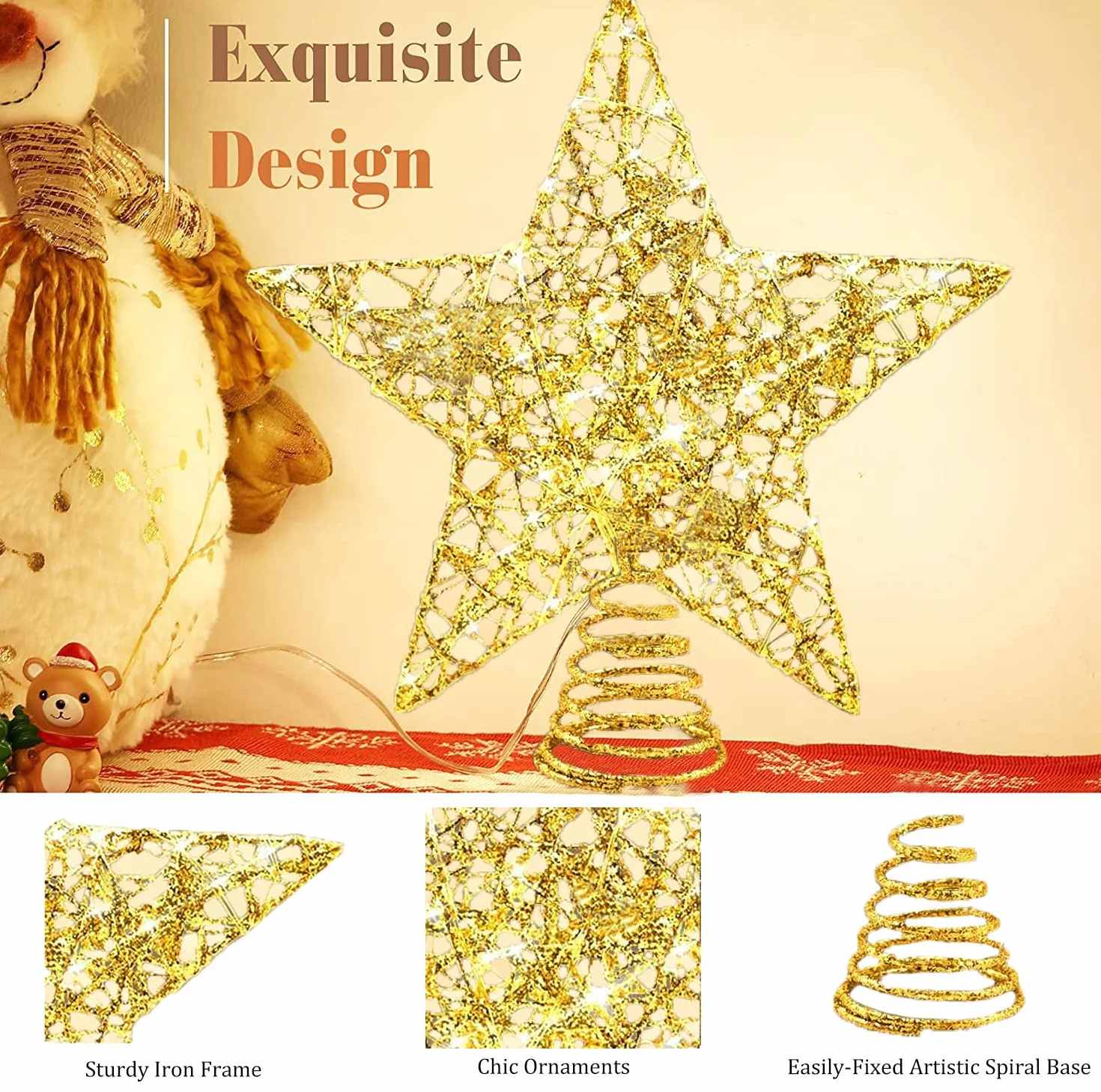 Estrella Arbol Navidad 25 cm con Luz LED 20 Luces Diseño Metal Glittered Decoración Navideña Brillo Dorado