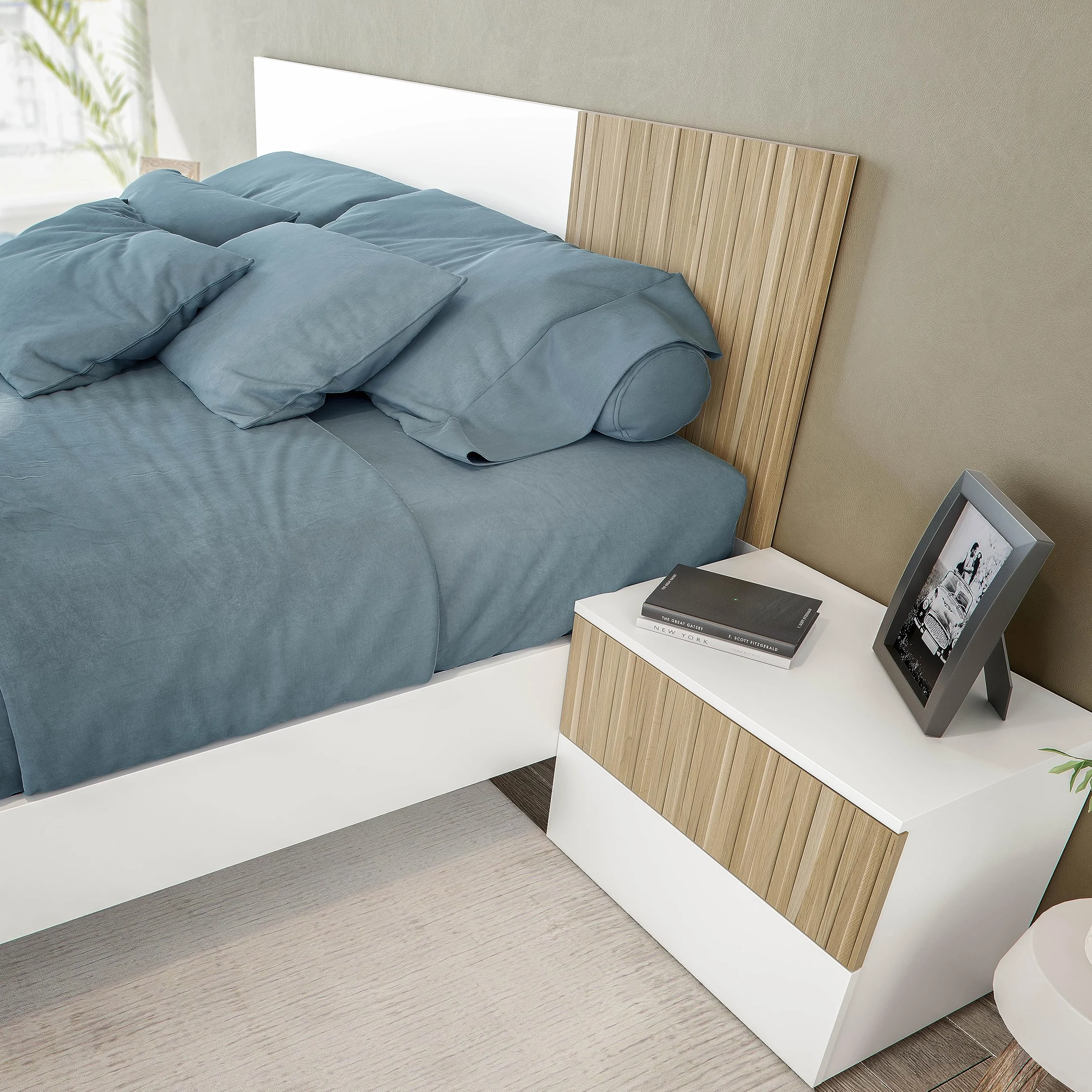 Mobelcenter, Conjunto Cabezal y 2 Mesitas Dormitorio Ethna, Cabecero y Mesitas para Cama de Matrimonio, Color Blanco Artik y Natur, Medidas: Ancho: 266 cm x Fondo: 34 cm x Alto: 91 cm (1428)