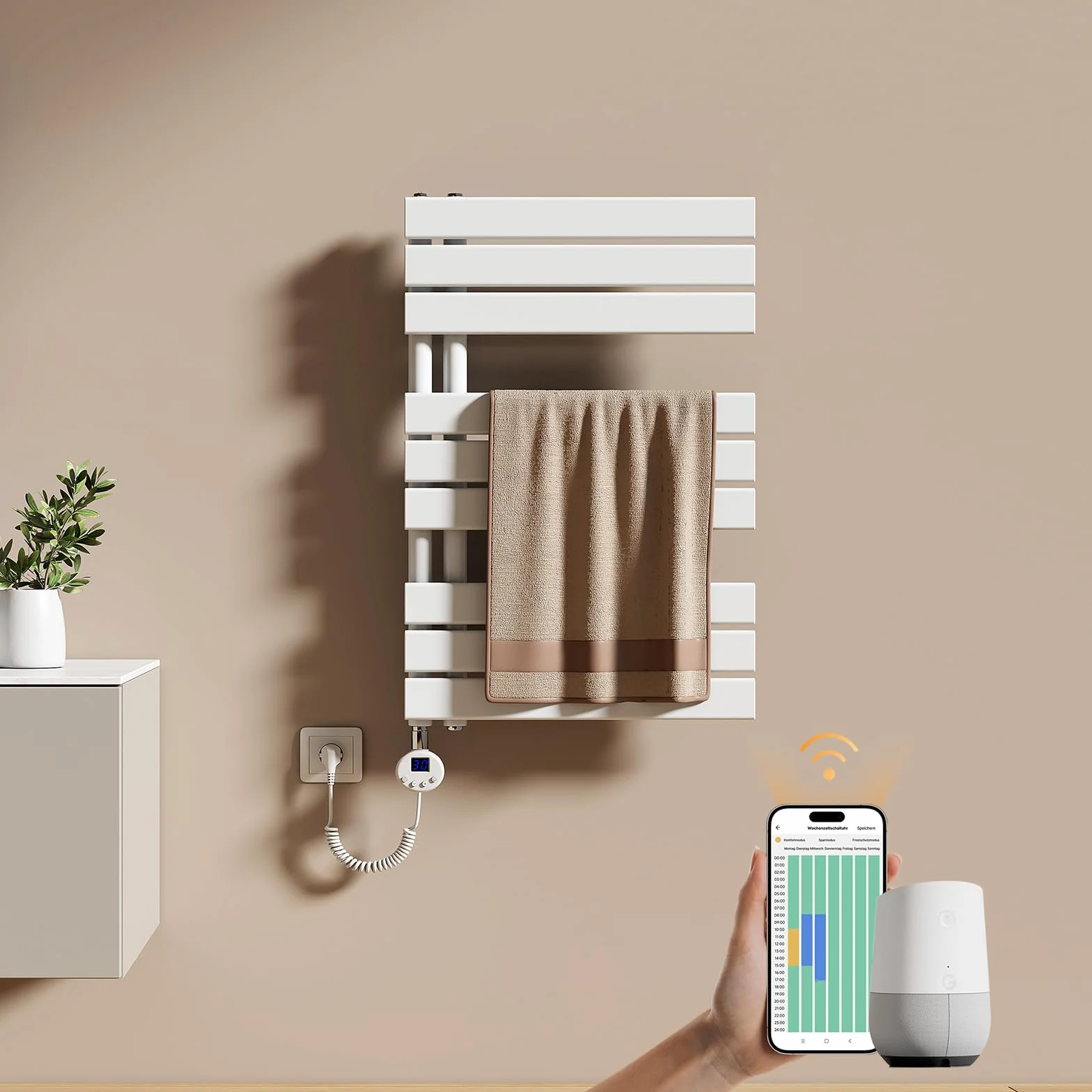 EMKE Radiador Toallero Eléctrico con WiFi Termostato 76x50 cm, 400W Blanco, Toallero Eléctrico de Bajo Consumo, Resistencia Calefactora con Temporizador,Calienta Toallas,Secatoallas