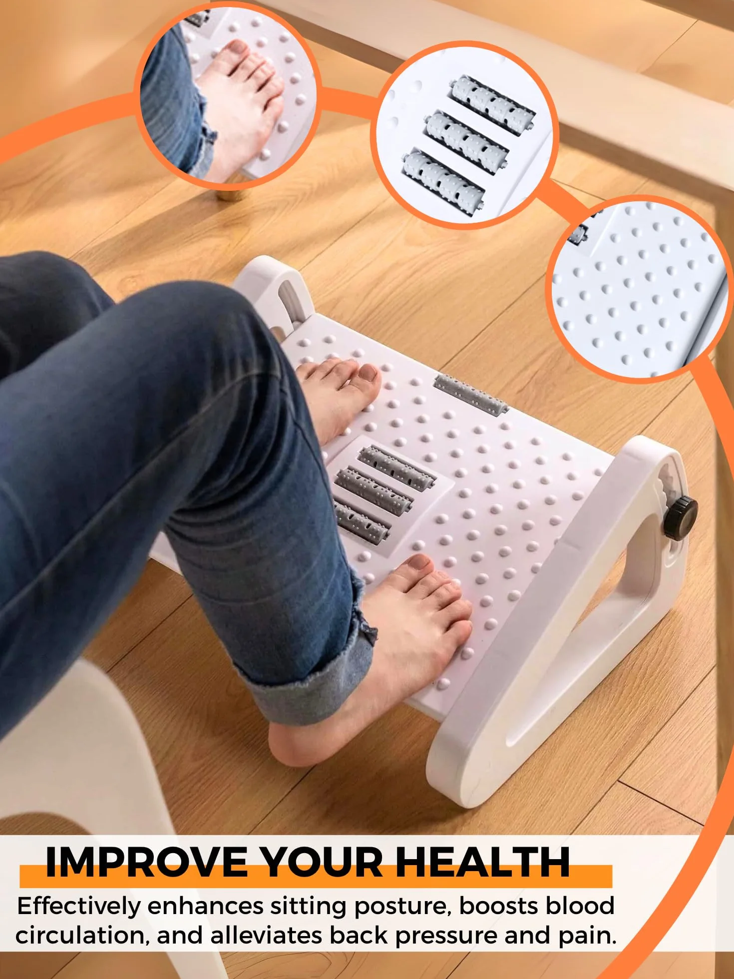 Reposapiés Ergonómico Ajustable Antideslizante con Masaje para Oficina y Hogar