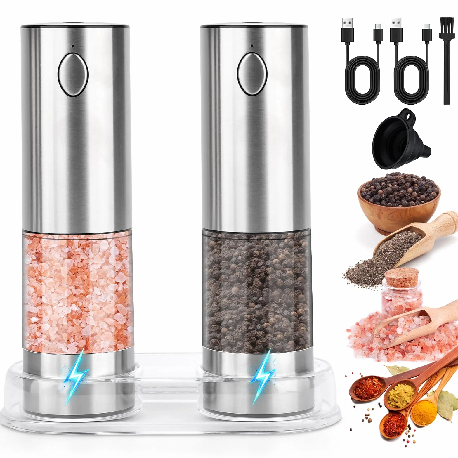 Molinillo Pimienta Electrico,Juego de Molinillo Eléctrico de Sal y Pimienta a Pilas,Luz LED Blanca,Grosor Ajustable y Operación Automática con Una Sola Mano,Saleros de Cocina para BBQ y Hogar