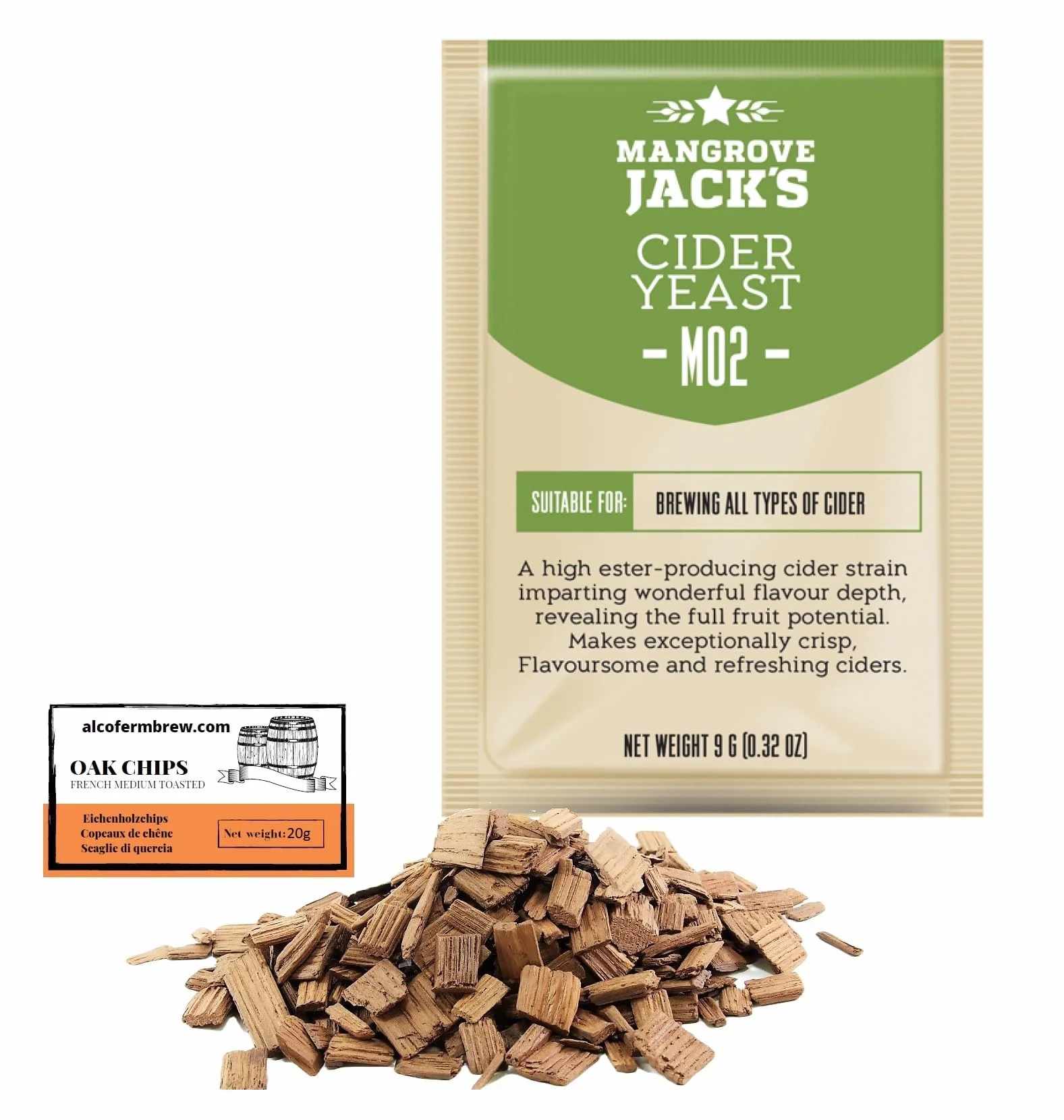 Mangrove Jack's M02 Levadura para Sidra 9g Virutas de Roble Francés 20g