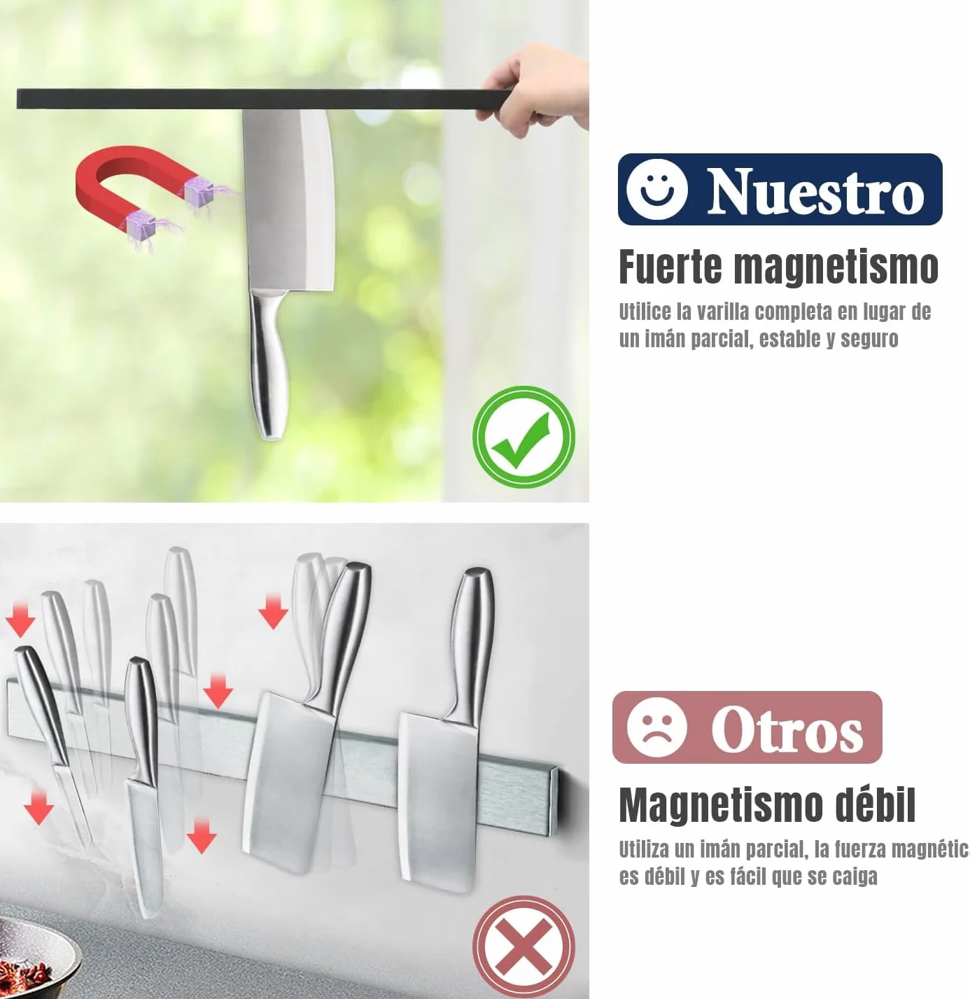 Porta Cuchillos Magnético Dmore 40 cm con 3 Ganchos, Soporte Imán Cuchillos