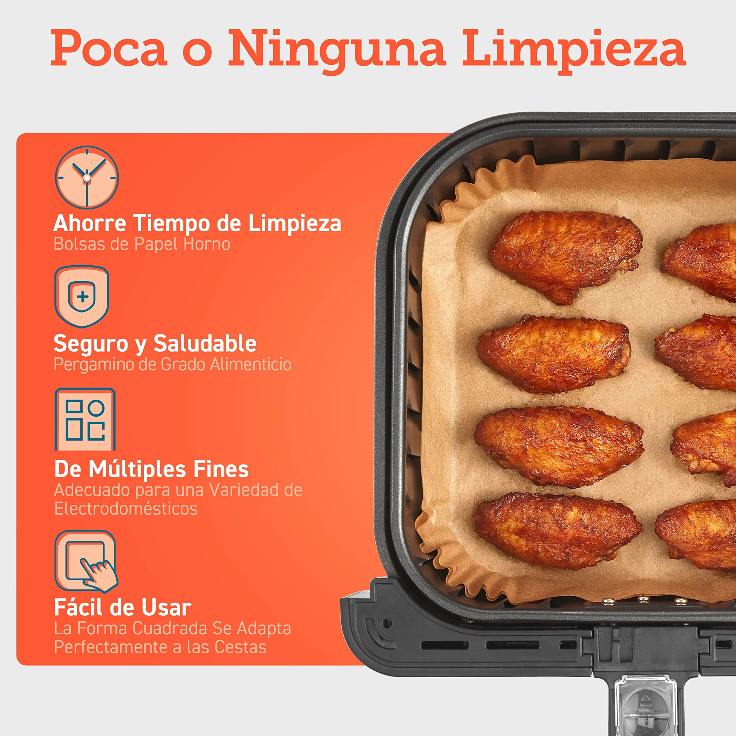 Cosori Papel Horno Freidora sin Aceite 100 Piezas Cuadrado Desechable Antiadherentes Prueba Grasa Air Fryer 4,5-6 L Horno Sartén Microonda 20 cm