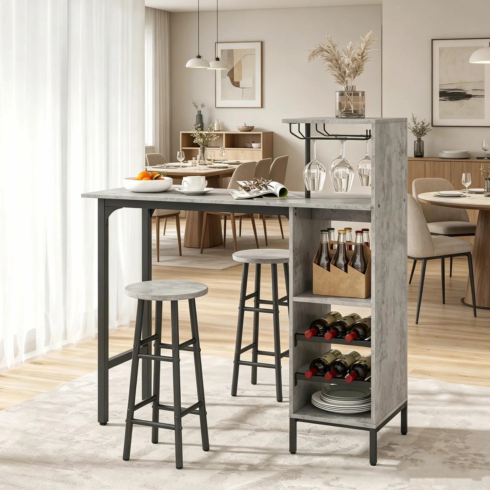 LIFEZEAL Juego de Comedor con 2 taburetes de Bar, Barra de Cocina con 2 sillas Altas, Mesa de Bar con peldaños Abiertos, botellero para Copas de Vino, para Cocina, salón y Bar (Gris)