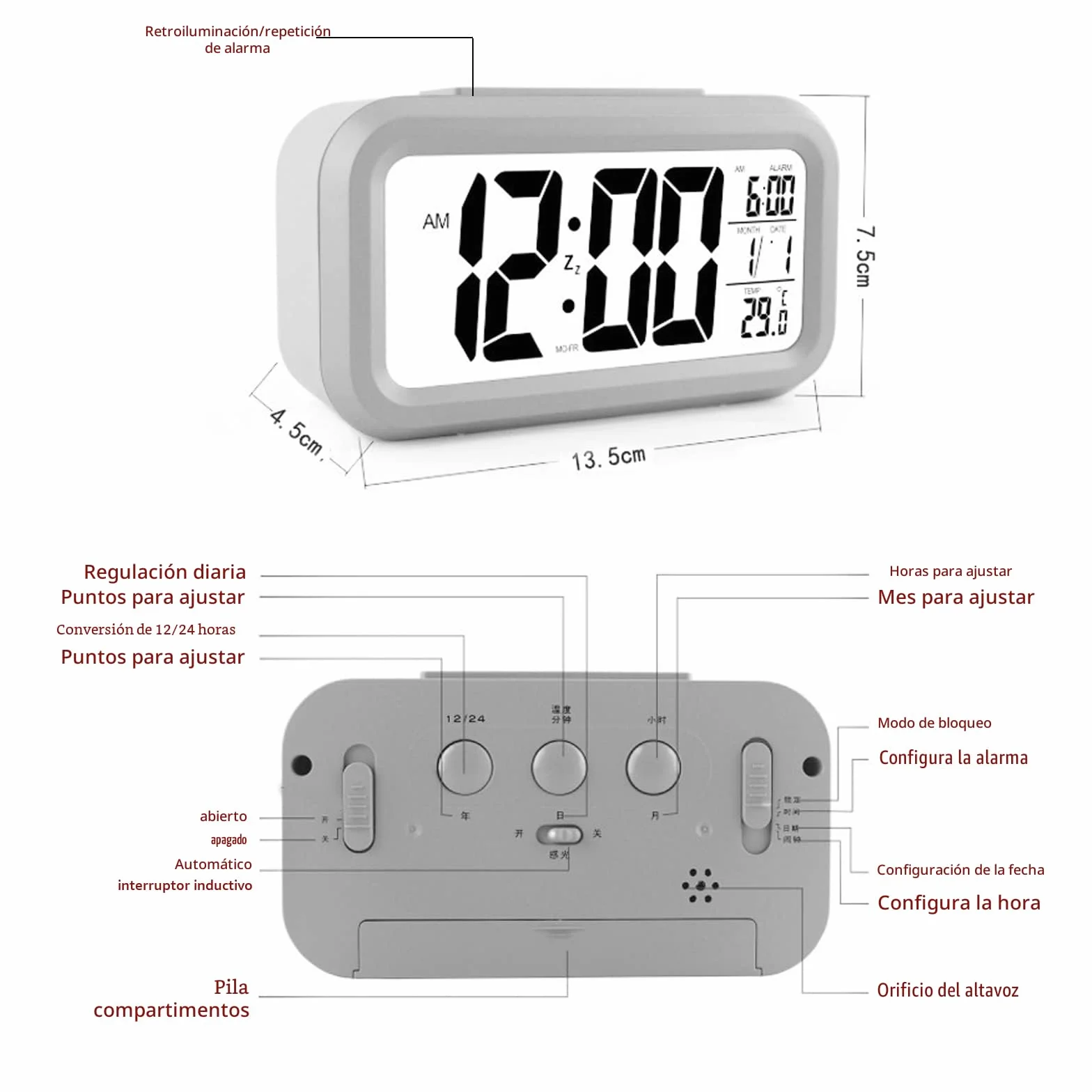 Reloj Despertador Digital, Jsdoin LED Pantalla Reloj Alarma Inteligente con Temperatura, Sensor de Brillo, 12/24 Horas, Función Snooze y Alarma para Dormitorio, Hogar, Oficina, Cocina(Batería)