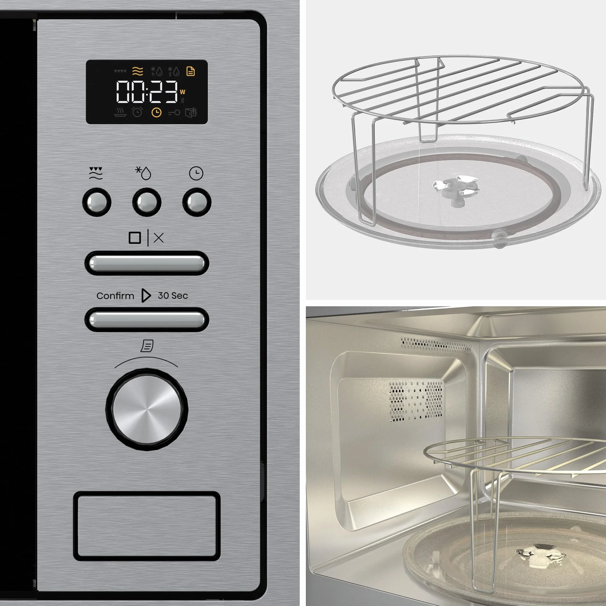 Hisense BIM320G41X - Microondas Integrable, 1000W, 20L, Alto 38.8cm x Ancho 59.5cm, Color Inox, 5 Niveles de Potencia, 15 Programas Preestablecidos, Grill Combo, Descongelar por Tiempo o Peso