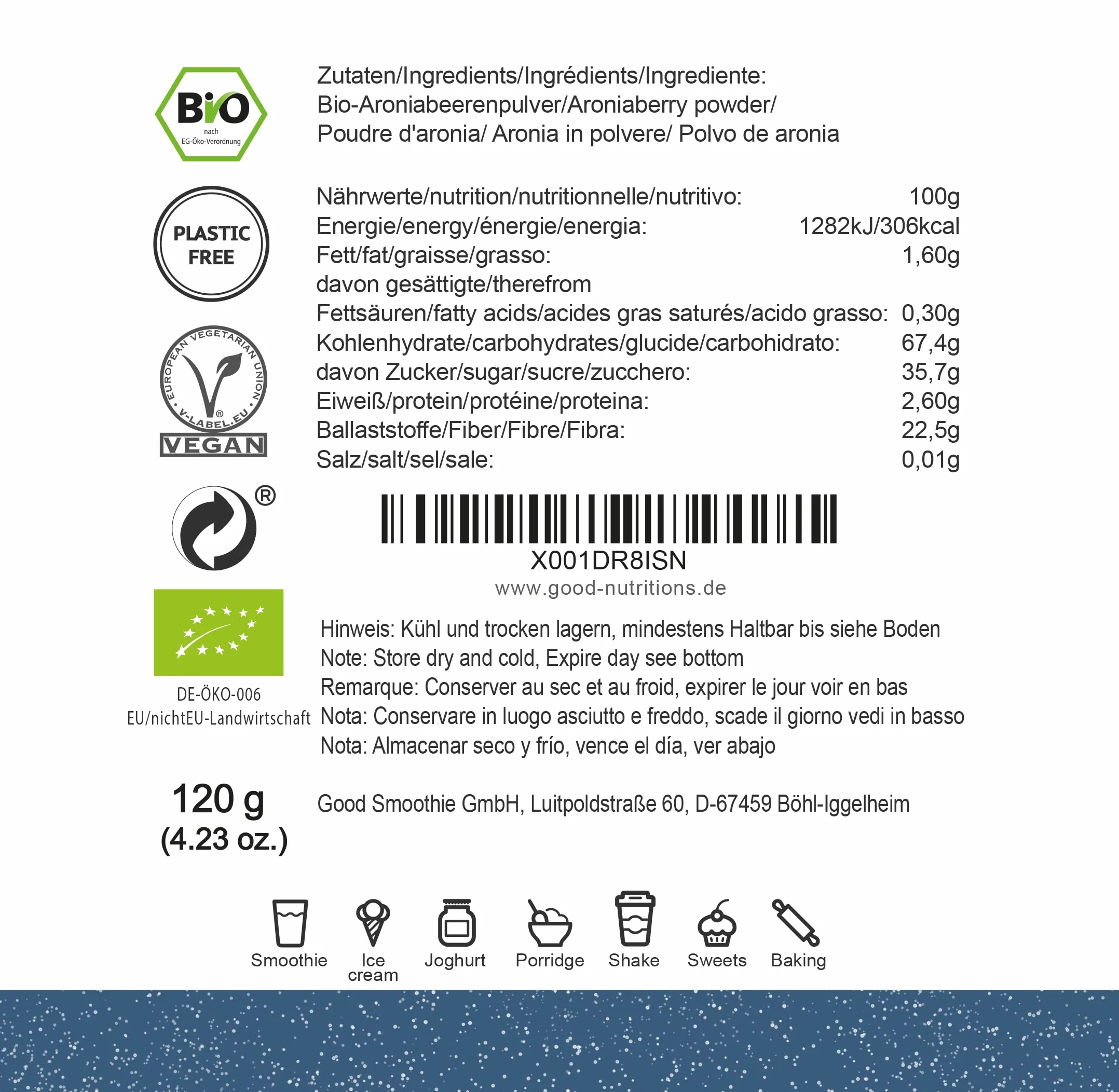 Bio Aroniabeerpulver Freeze-Dried Aronia Berry 100% fruta sin aditivos 120 g
