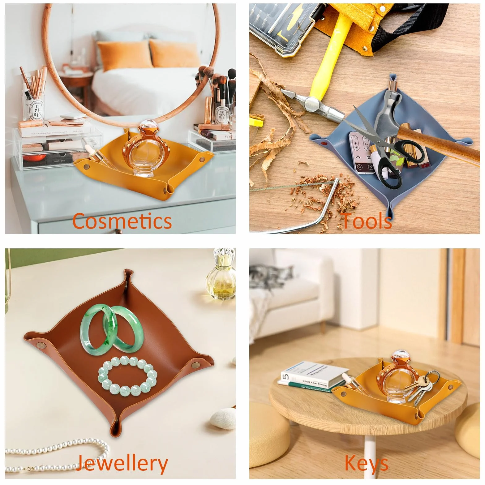 3 compartimentos para llaves, piel sintética, bandeja para joyas, bandejas plegables de piel (20 x 20 cm), para joyas, relojes y teléfonos móviles
