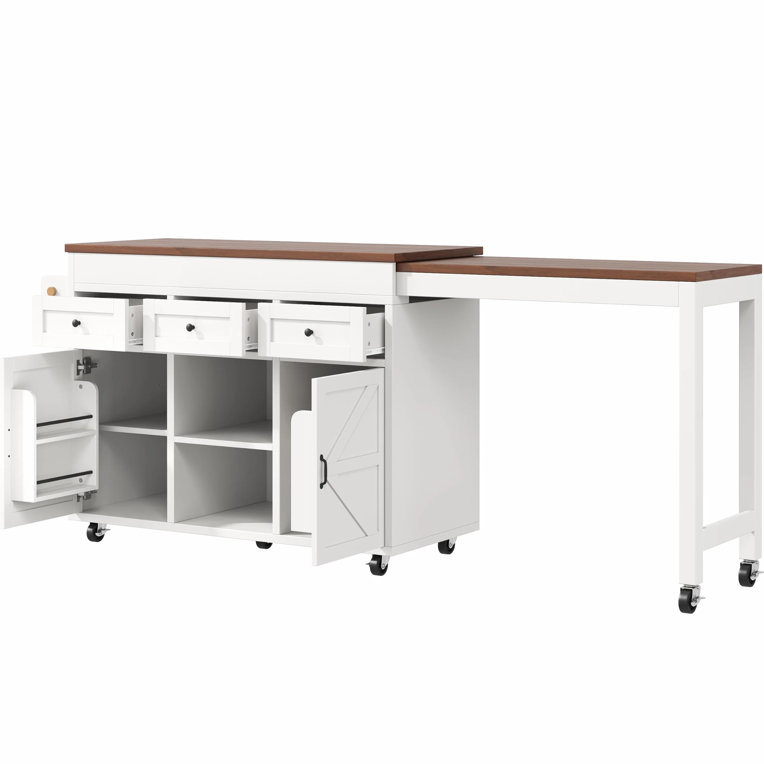 Isla de cocina independiente con encimera, mesa de comedor extensible a 360°, 2 puertas y 3 cajones, carro de cocina móvil, para cocina, comedor, 131,5-210 x 40 x 90 cm