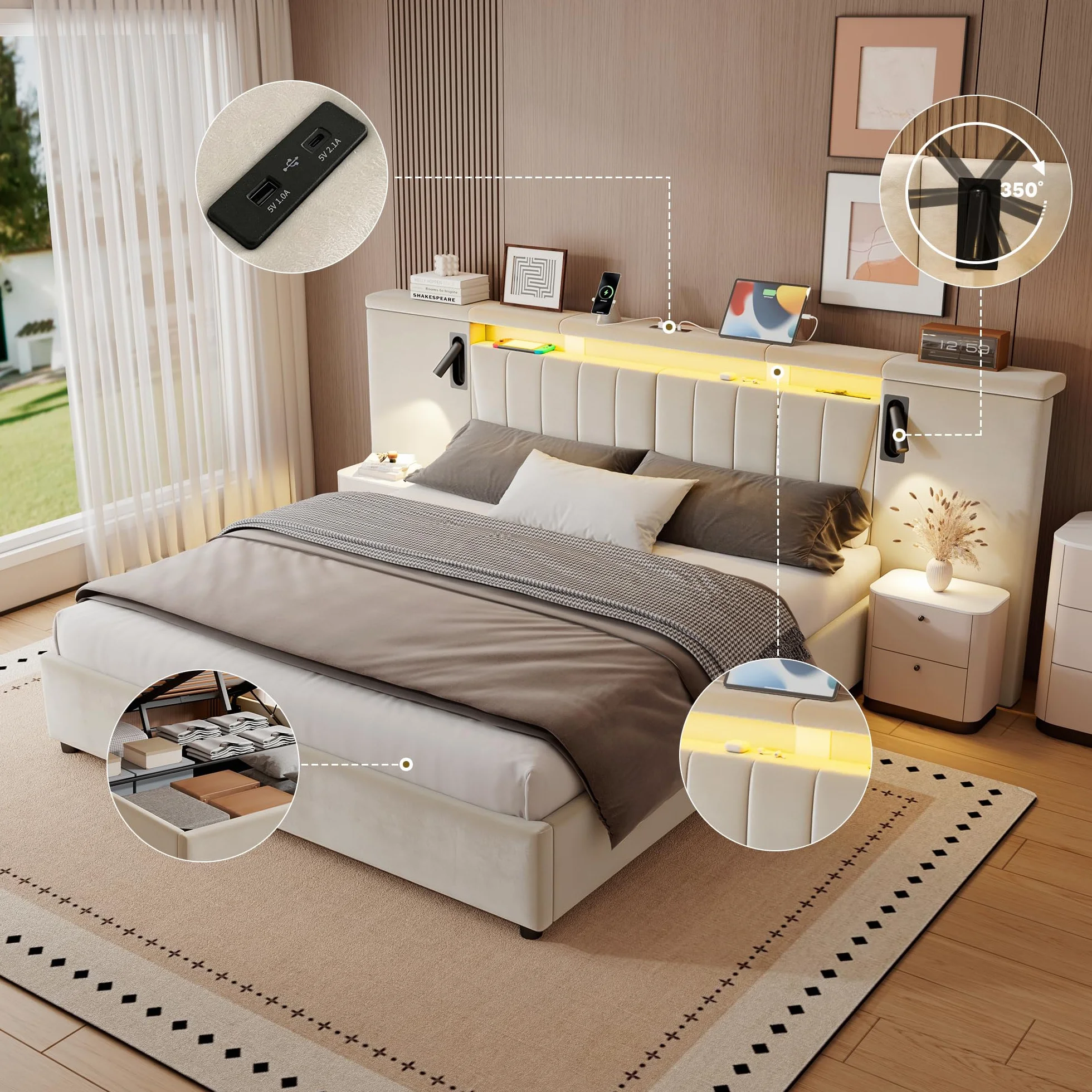 Cama 180x200 Camas Matrimoniales con Almacenaje, Cama Matrimonio con LED y Cabecero, Cama Canape con USB y lámpara de Lectura, Estructura Cama Doble con Somier, Sin Colchón, Terciopelo Beige