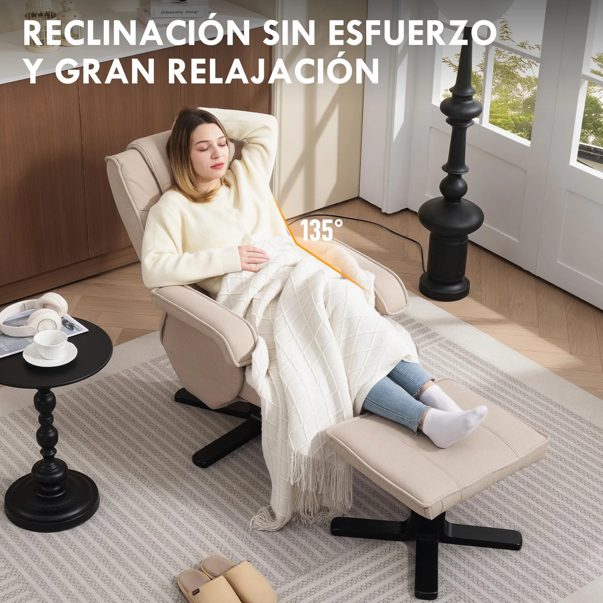 HOMCOM Sillón Relax Reclinable con Reposapiés Butaca de Salón Giratoria Tapizado en Lino con Base de Madera Butaca para Dormitorio Sala de Estar Beige