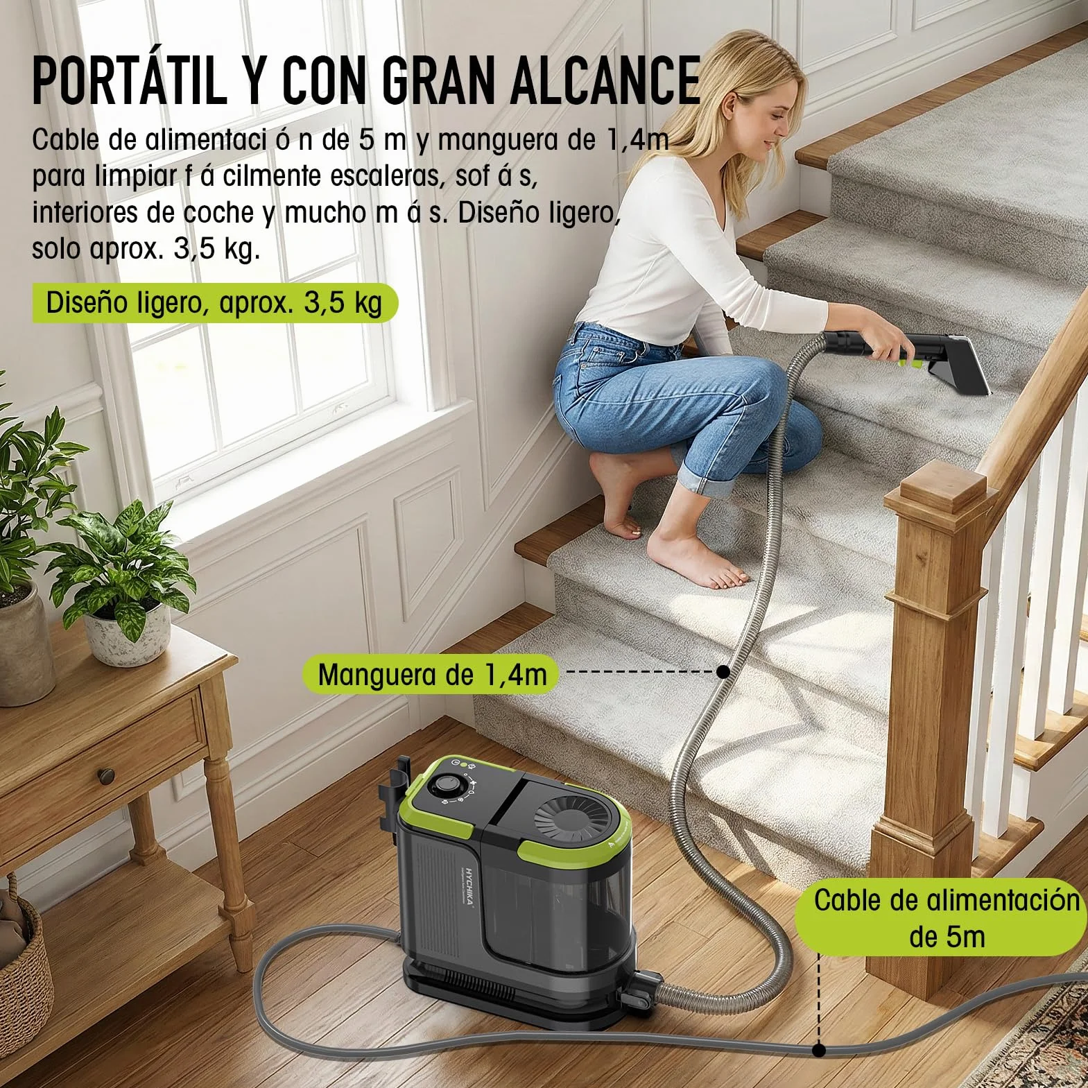 HYCHIKA Limpiador de Tapicerías con Aspiración y Lavado 1800W | 17 kPa, Limpiador de Alfombras con Lavado y Aspiración, Limpiador Textil Portátil, Quitamanchas para Sofá, Tapicerías y Coche