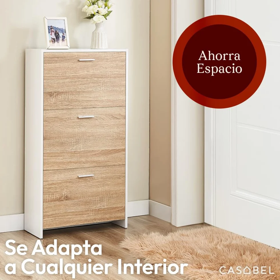 CASABEL Mueble Zapatero Moderno 3 abatibles, Almacenamiento para Zapatos 18 Pares, Madera Clara y Blanco, Mueble de Madera, Dimensiones L60xP24xH113 cm, Gran Capacidad, fácil de Instalar