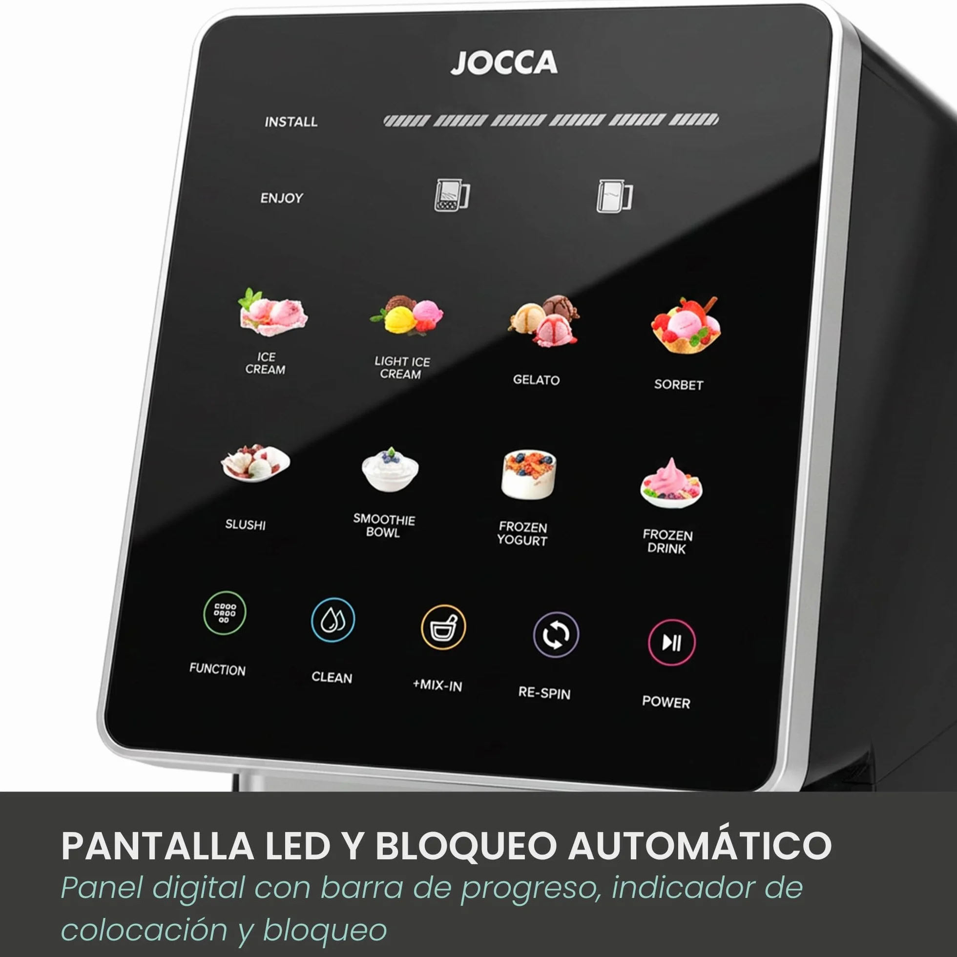 JOCCA - Máquina de Helados/Heladera Multifunción con 11 Programas, Función Limpieza, Procesamiento Rápido, Pantalla LED Táctil, Prepara hasta 1,95L de helado con sus 3 recipientes