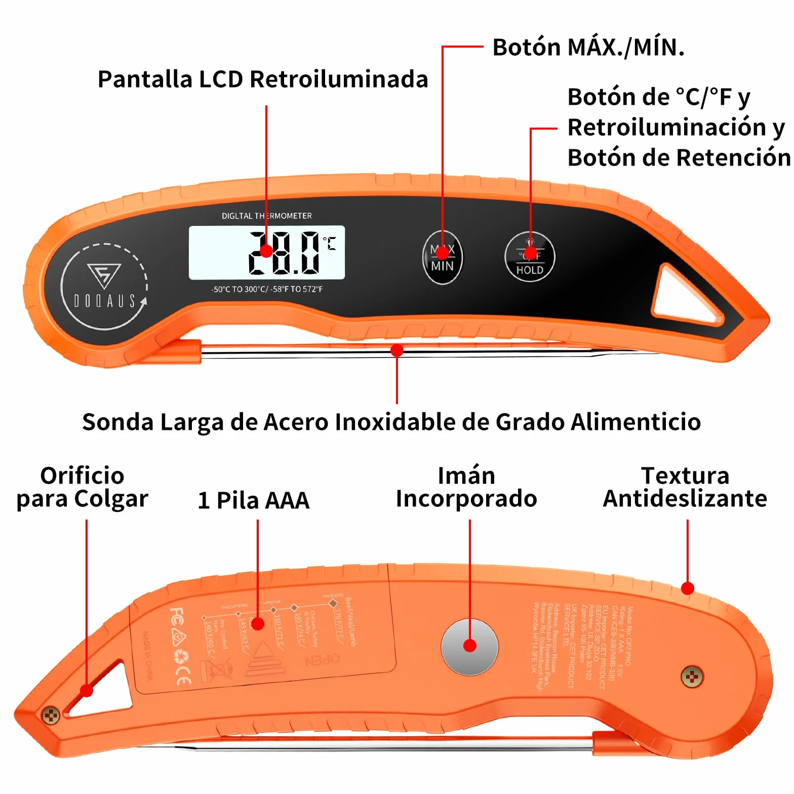 DOQAUS Termometro Cocina, Termometro Digital Cocina, 3 Segundos Lectura Rápida, Precisión ±0,5℃, Pantalla LCD, Termómetros para Frigoríficos, Carne, BBQ, Horno, Aceite, Agua(Naranja)