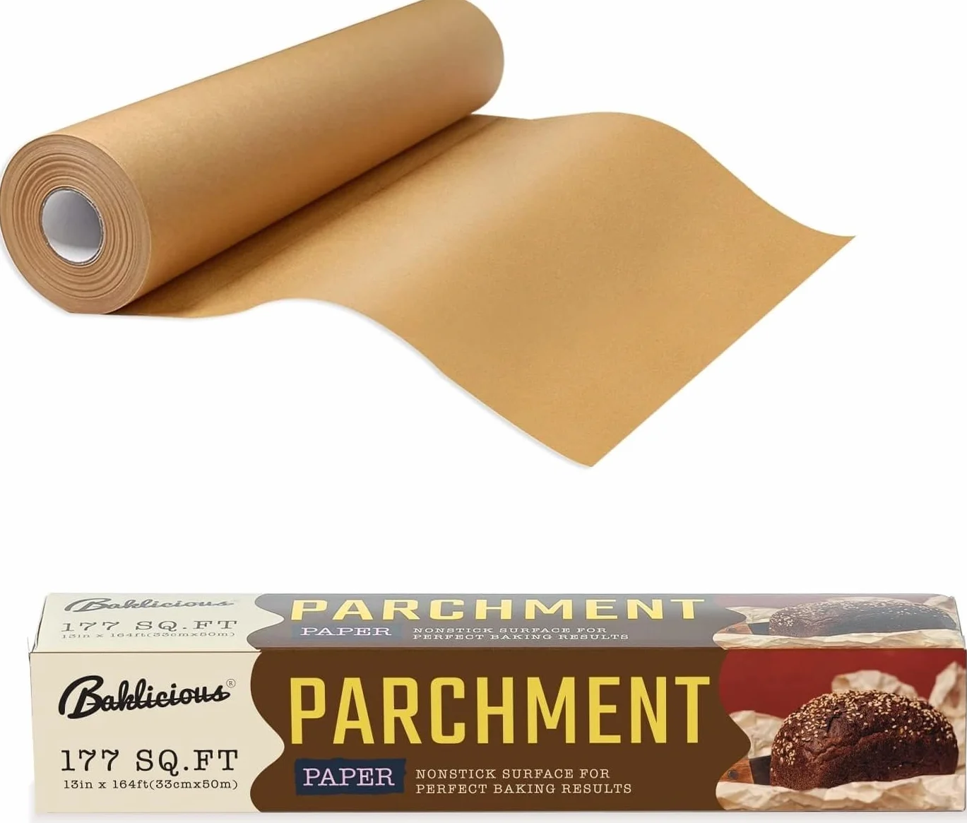 Baklicious - Rollo de papel pergamino sin blanquear para hornear, 33 cm x 242 pies, 249 pies cuadrados, papel de pergamino antiadherente para hornear, galletas, pan, horno, freidora de aire | Papel de pergamino antiadherente para hornear, galletas, pan, h