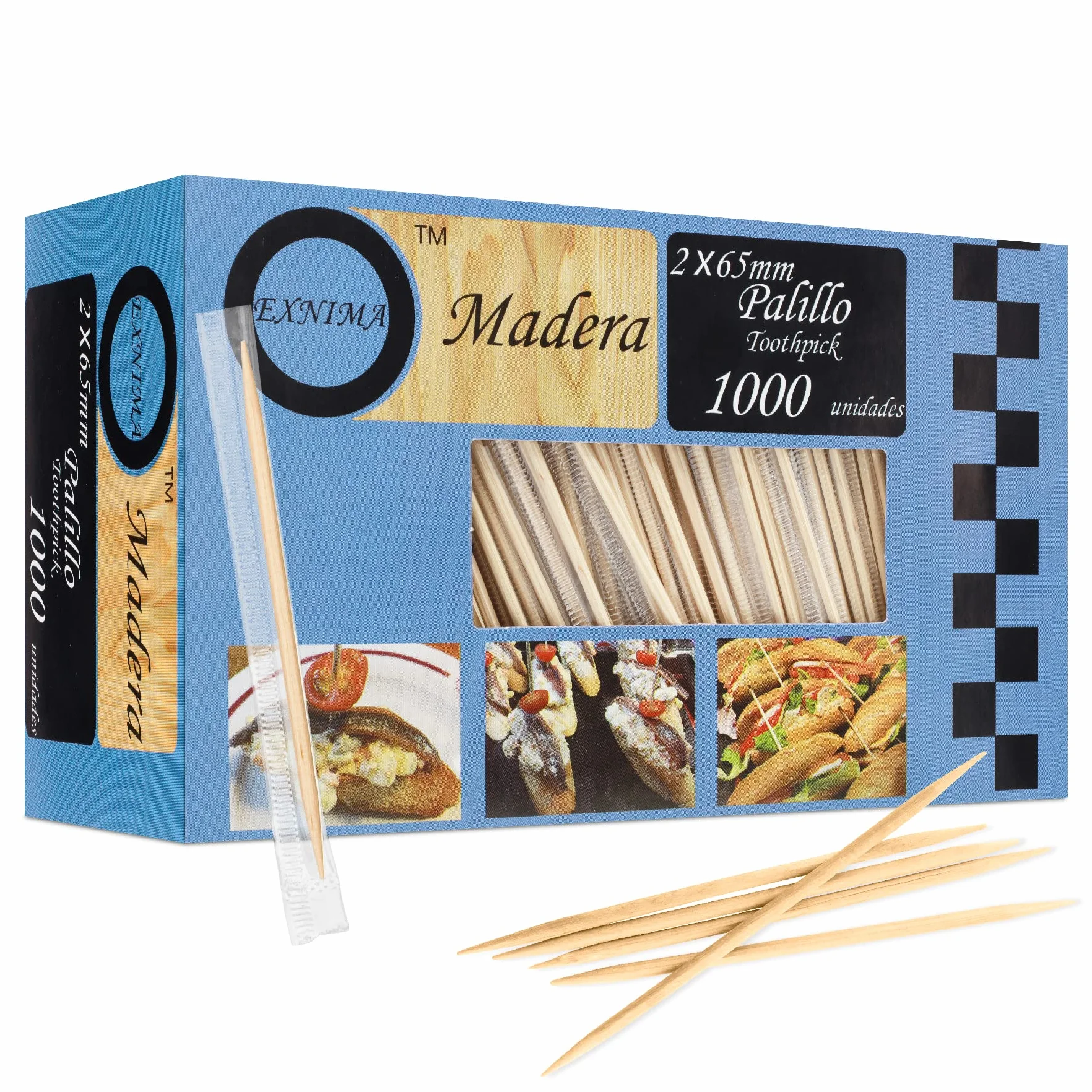 Palillos de Madera Redondos con Protección de Plástico, Pack 1000, 2000, 4000 o 6000, Palillos de Dientes Higiénicos, 6.5cm Largo, Pincho de Aperitivos o Manualidades, en Bolsa de Plástico.