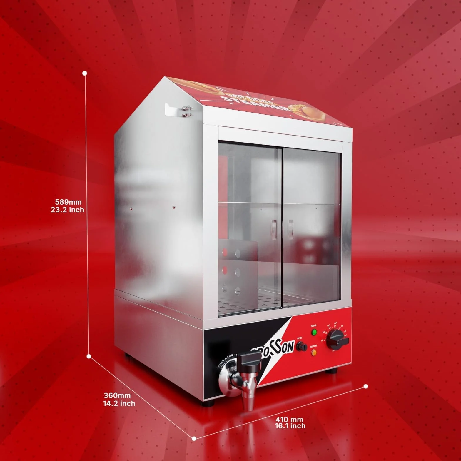 CROSSON Profesional Hot Dog Steamer 42L,1200W Hotdog Steamer Machine con bollo calentador de acero inoxidable gran capacidad 175 perros calientes y 50 rollos con puertas correderas